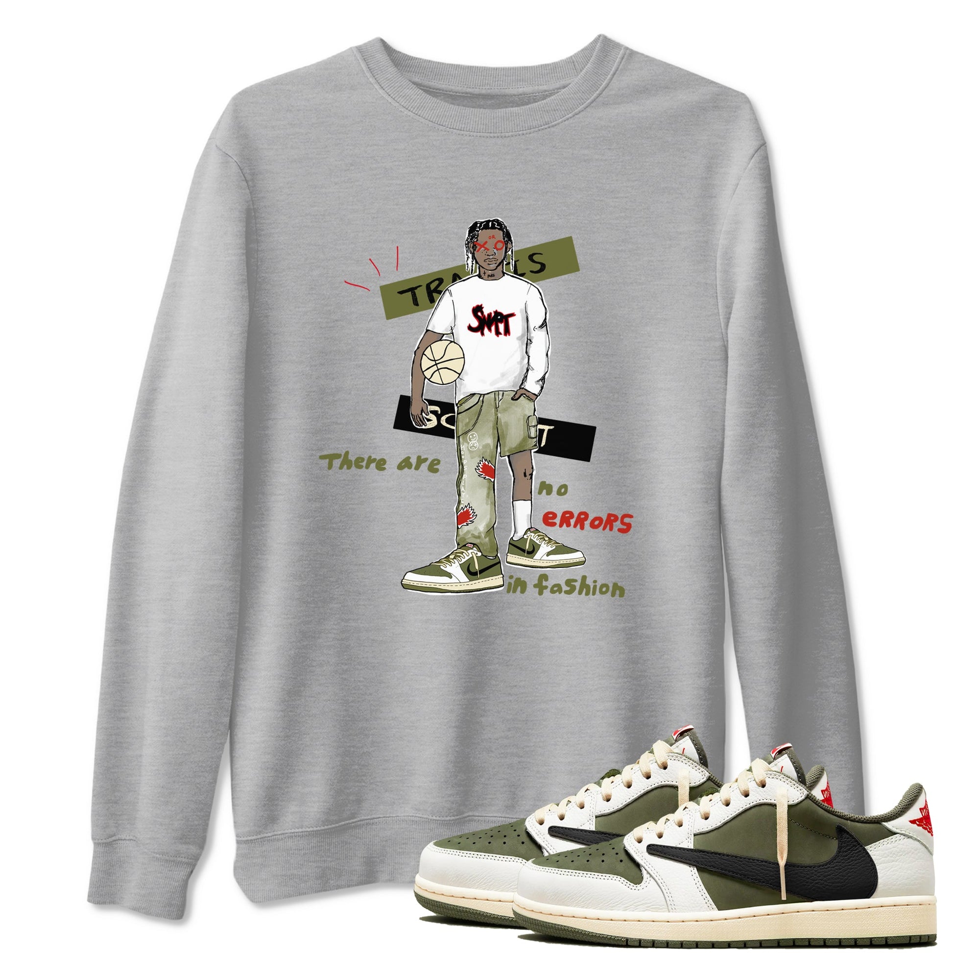 1s Travis Scott Medium Olive shirts to match jordans No Errors In Fashion sneaker match tees Air Jordan 1 Travis Scott Medium Olive SNRT Sneaker Tees streetwear brand Heather Grey 1 unisex cotton tee