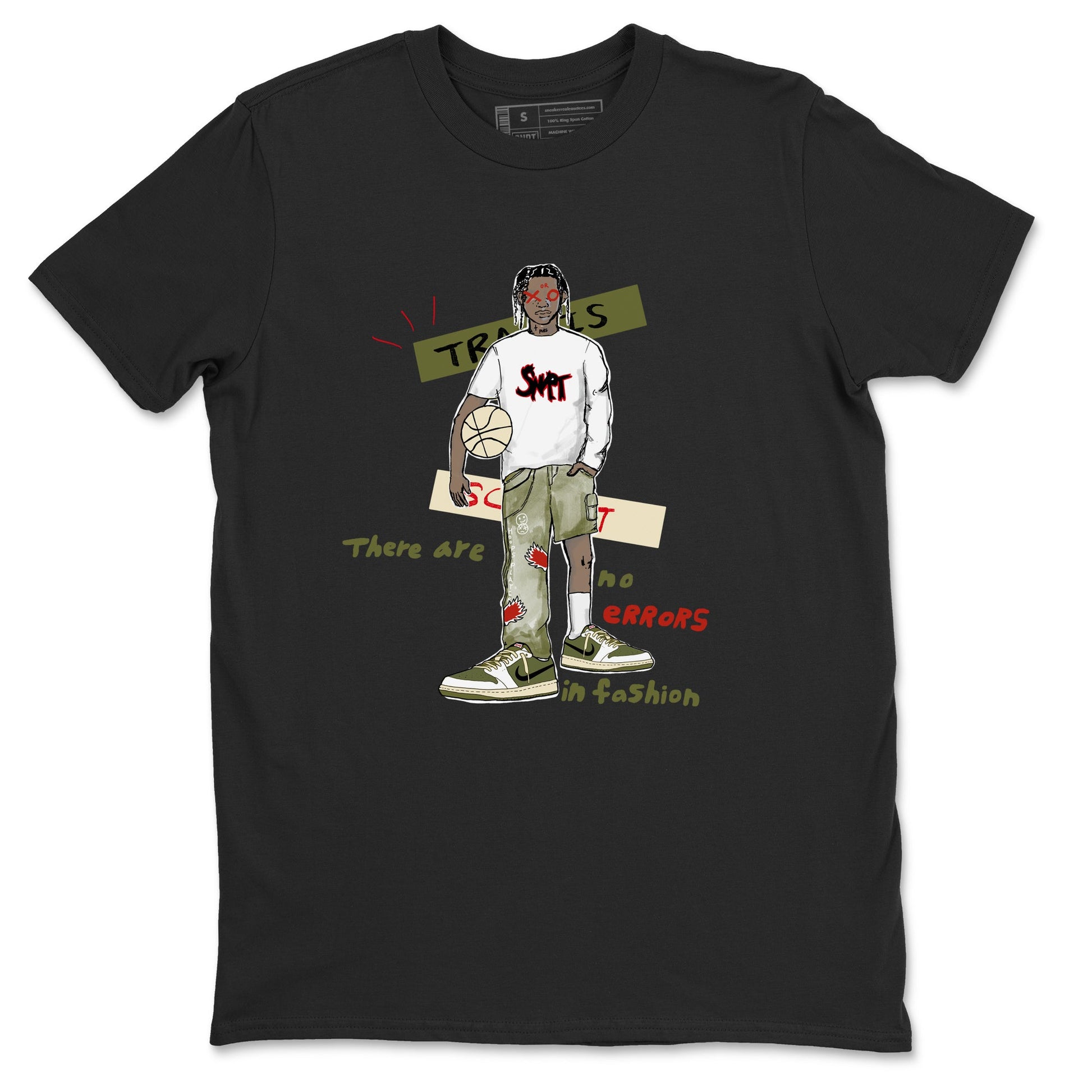 1s Travis Scott Medium Olive shirts to match jordans No Errors In Fashion sneaker match tees Air Jordan 1 Travis Scott Medium Olive SNRT Sneaker Tees streetwear brand Black 2 unisex cotton tee