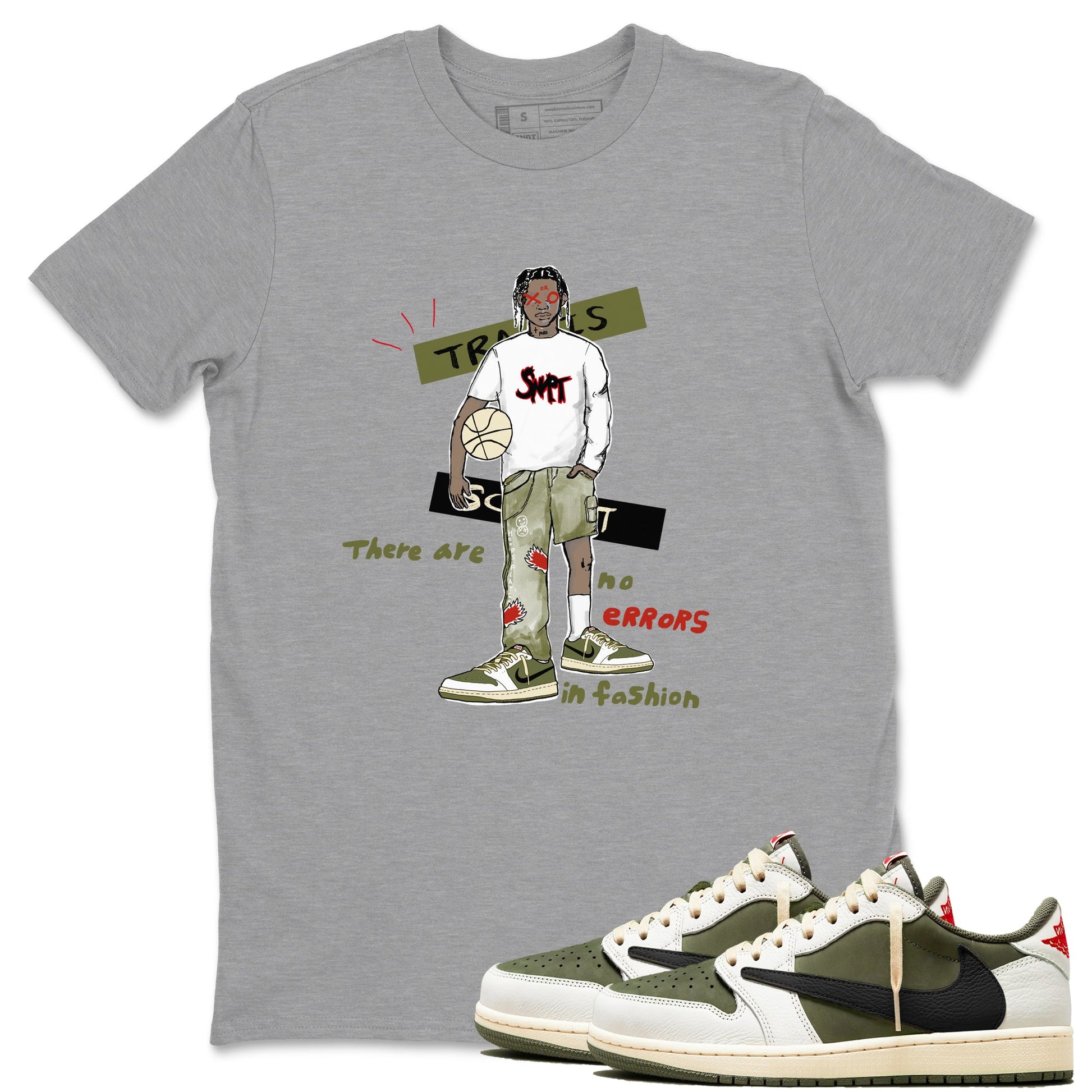 1s Travis Scott Medium Olive shirts to match jordans No Errors In Fashion sneaker match tees Air Jordan 1 Travis Scott Medium Olive SNRT Sneaker Tees streetwear brand Heather Grey 1 unisex cotton tee