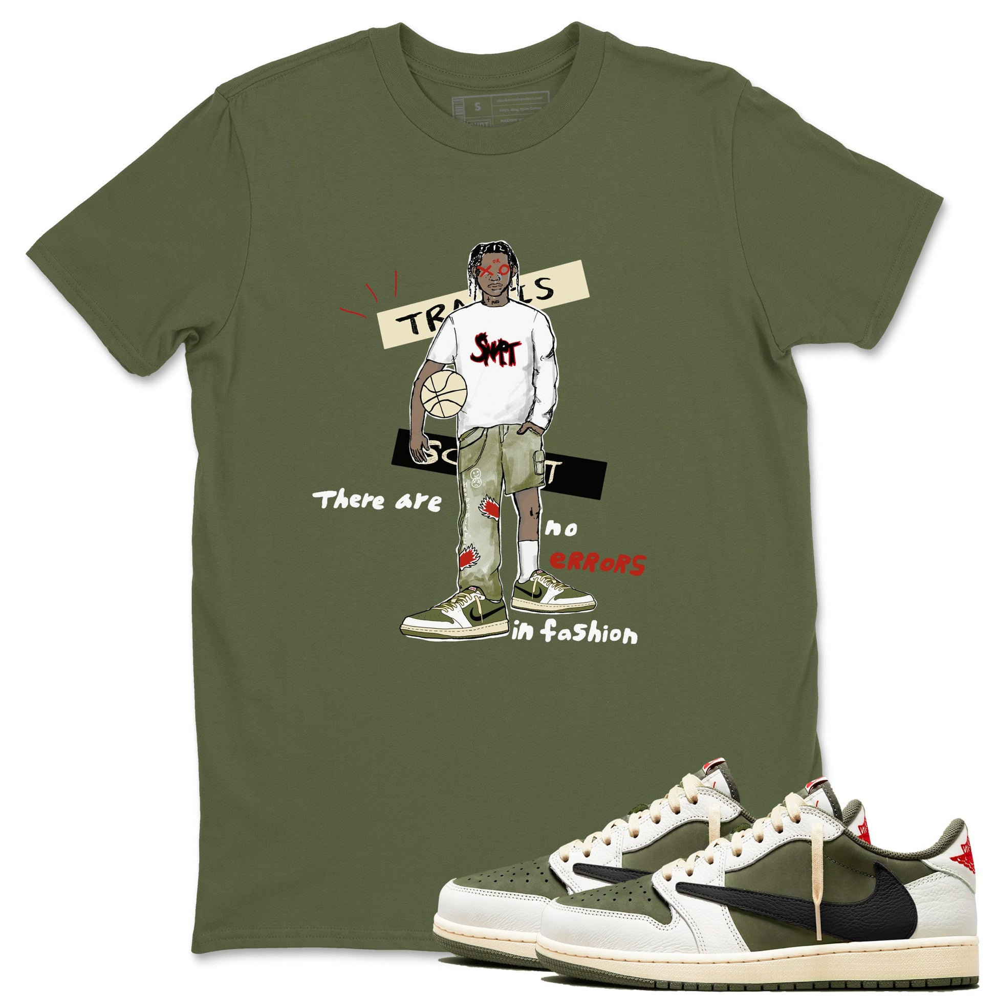 1s Travis Scott Medium Olive shirts to match jordans No Errors In Fashion sneaker match tees Air Jordan 1 Travis Scott Medium Olive SNRT Sneaker Tees streetwear brand Military Green 1 unisex cotton tee