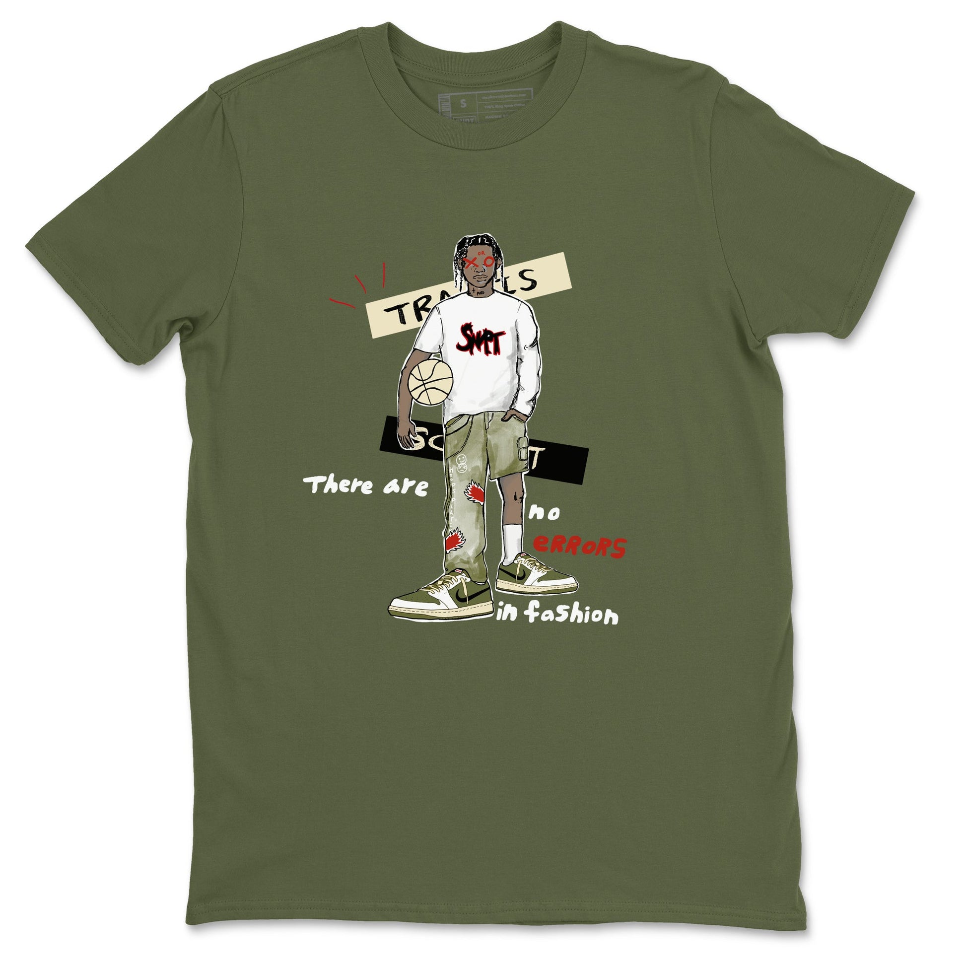 1s Travis Scott Medium Olive shirts to match jordans No Errors In Fashion sneaker match tees Air Jordan 1 Travis Scott Medium Olive SNRT Sneaker Tees streetwear brand Military Green 2 unisex cotton tee