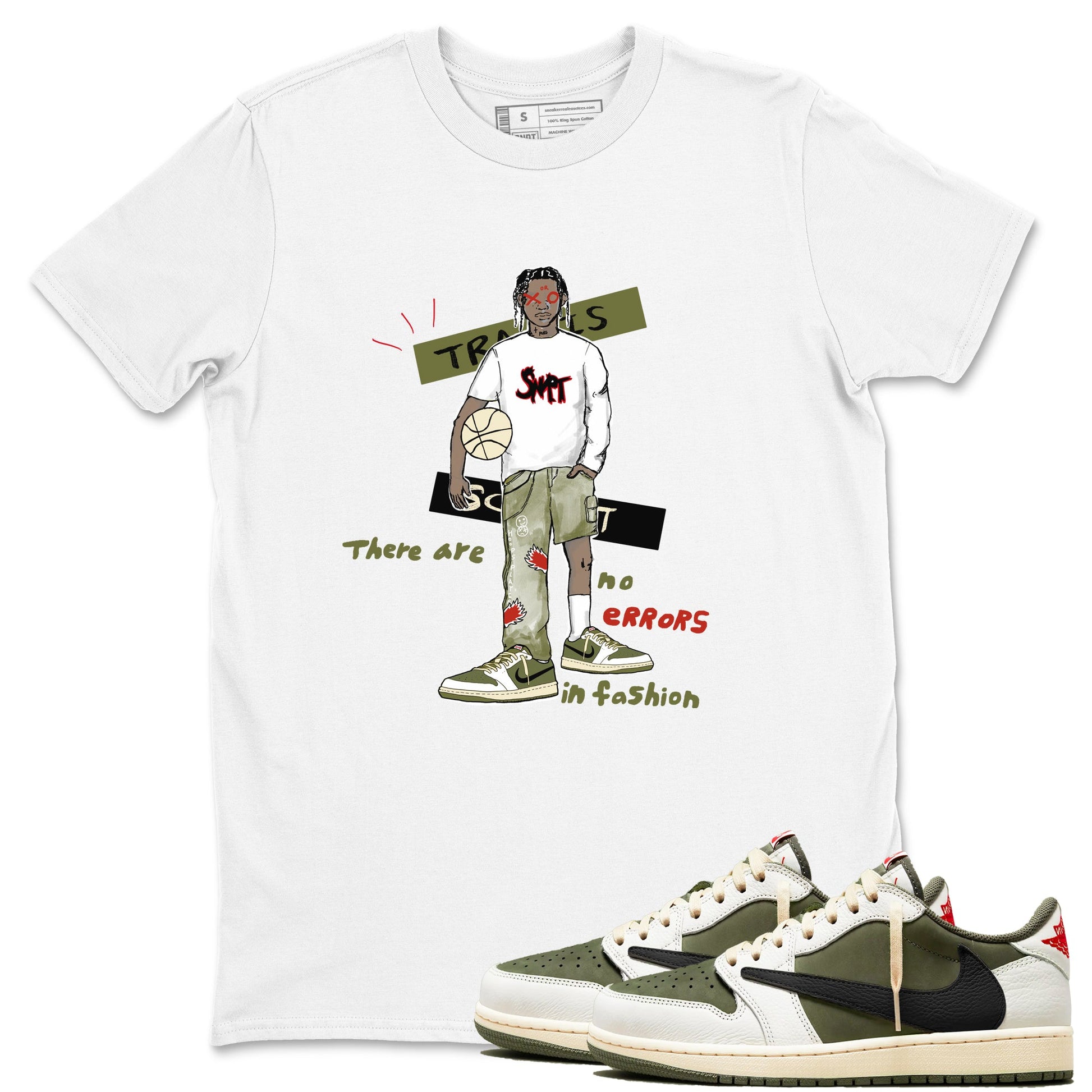 1s Travis Scott Medium Olive shirts to match jordans No Errors In Fashion sneaker match tees Air Jordan 1 Travis Scott Medium Olive SNRT Sneaker Tees streetwear brand White 1 unisex cotton tee