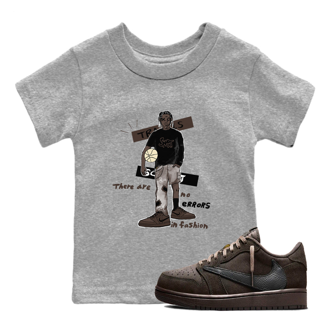 1s Travis Scott Velvet Brown shirts to match jordans No Errors In Fashion best t shirts to wear with jordans Travis Scott x Air Jordan 1 Low OG Velvet Brown match shoes to clothes SNRT Sneaker Tees Youth Baby Heather Grey 1 tee