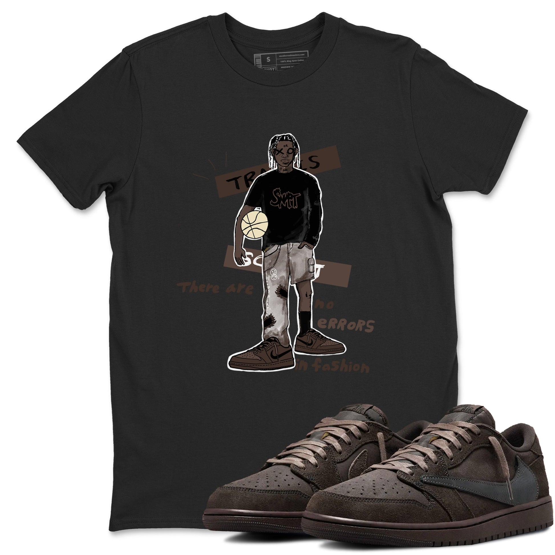 1s Travis Scott Velvet Brown shirts to match jordans No Errors In Fashion best t shirts to wear with jordans Travis Scott x Air Jordan 1 Low OG Velvet Brown match shoes to clothes SNRT Sneaker Tees unisex cotton Black 1 shirts