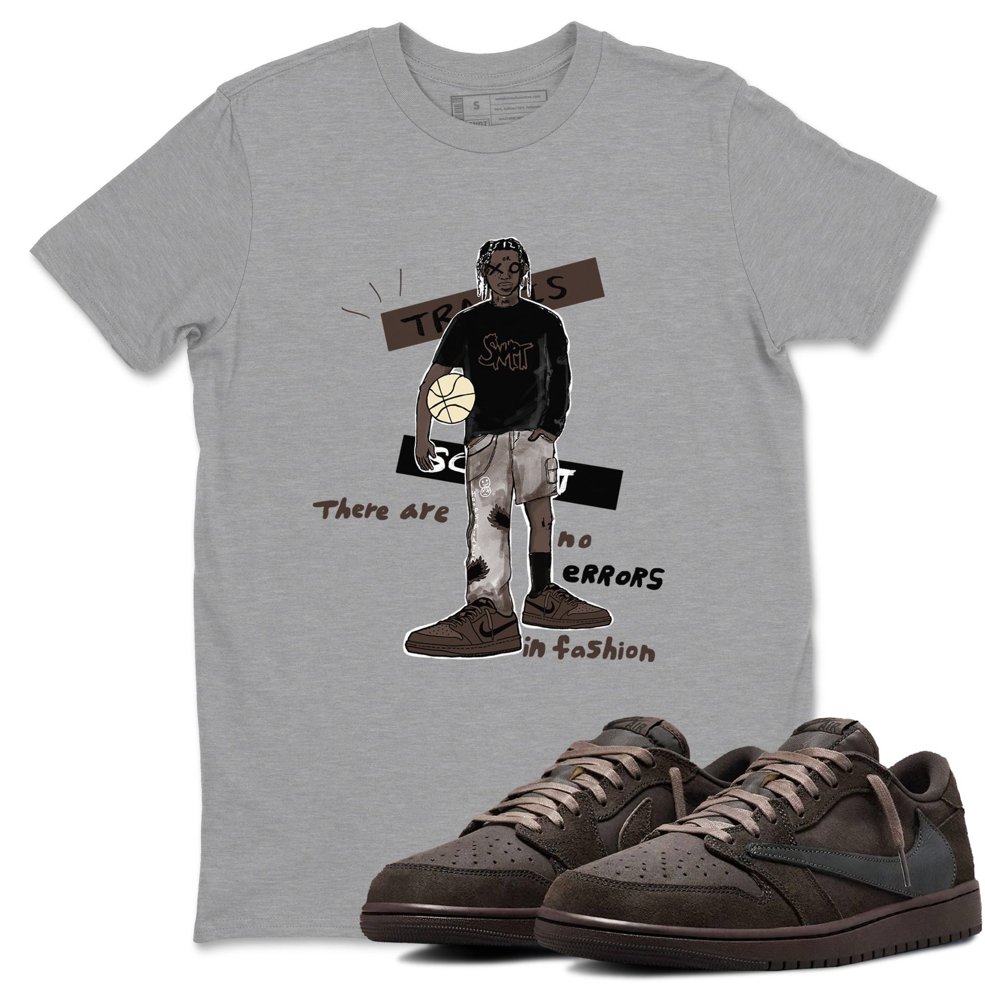 1s Travis Scott Velvet Brown shirts to match jordans No Errors In Fashion best t shirts to wear with jordans Travis Scott x Air Jordan 1 Low OG Velvet Brown match shoes to clothes SNRT Sneaker Tees unisex cotton Heather Grey 1 shirts