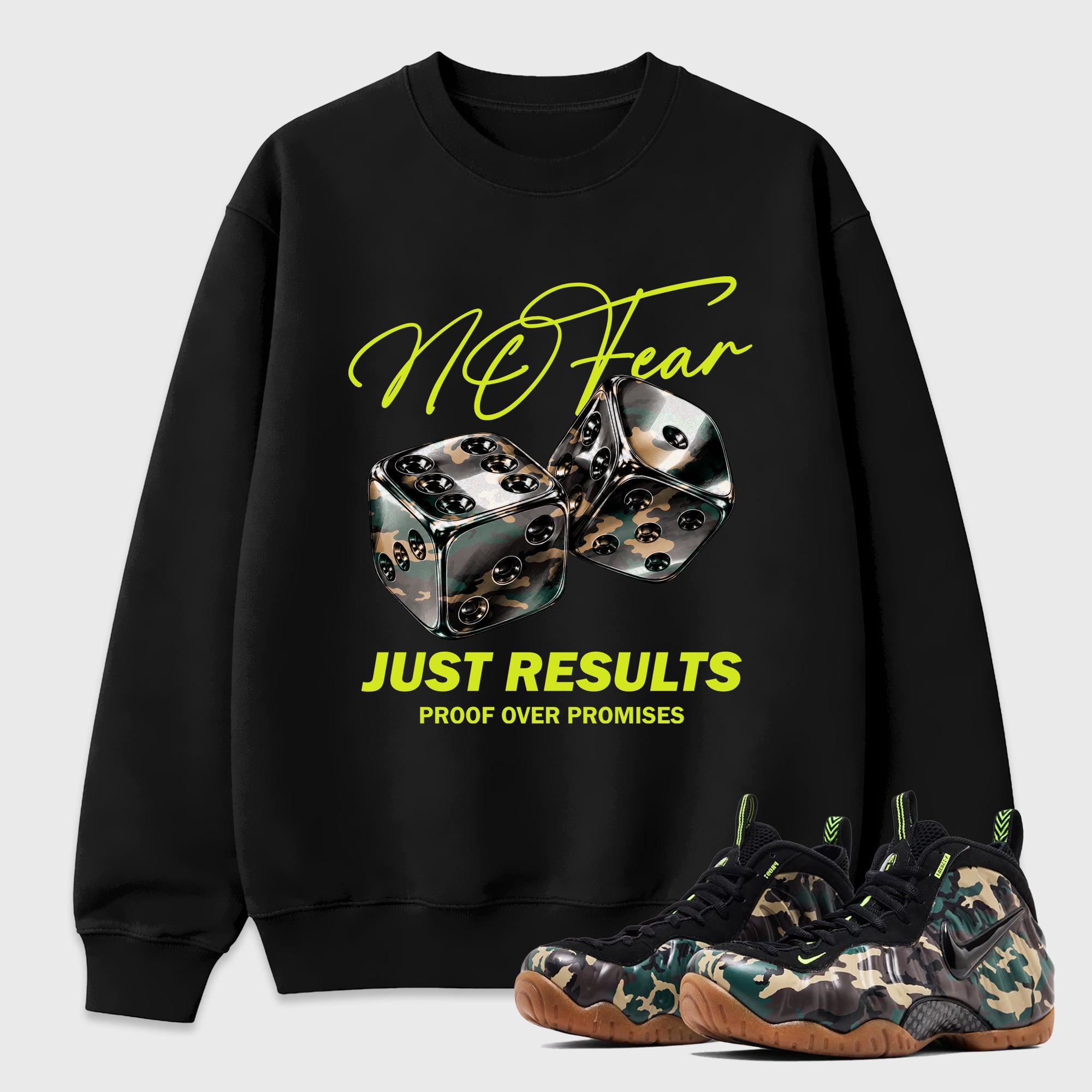 No Fear Graphic T-Shirt featuring original streetwear artwork designed to match the Air Foamposite Pro Green Camo. Black 1 Graphic Tee.