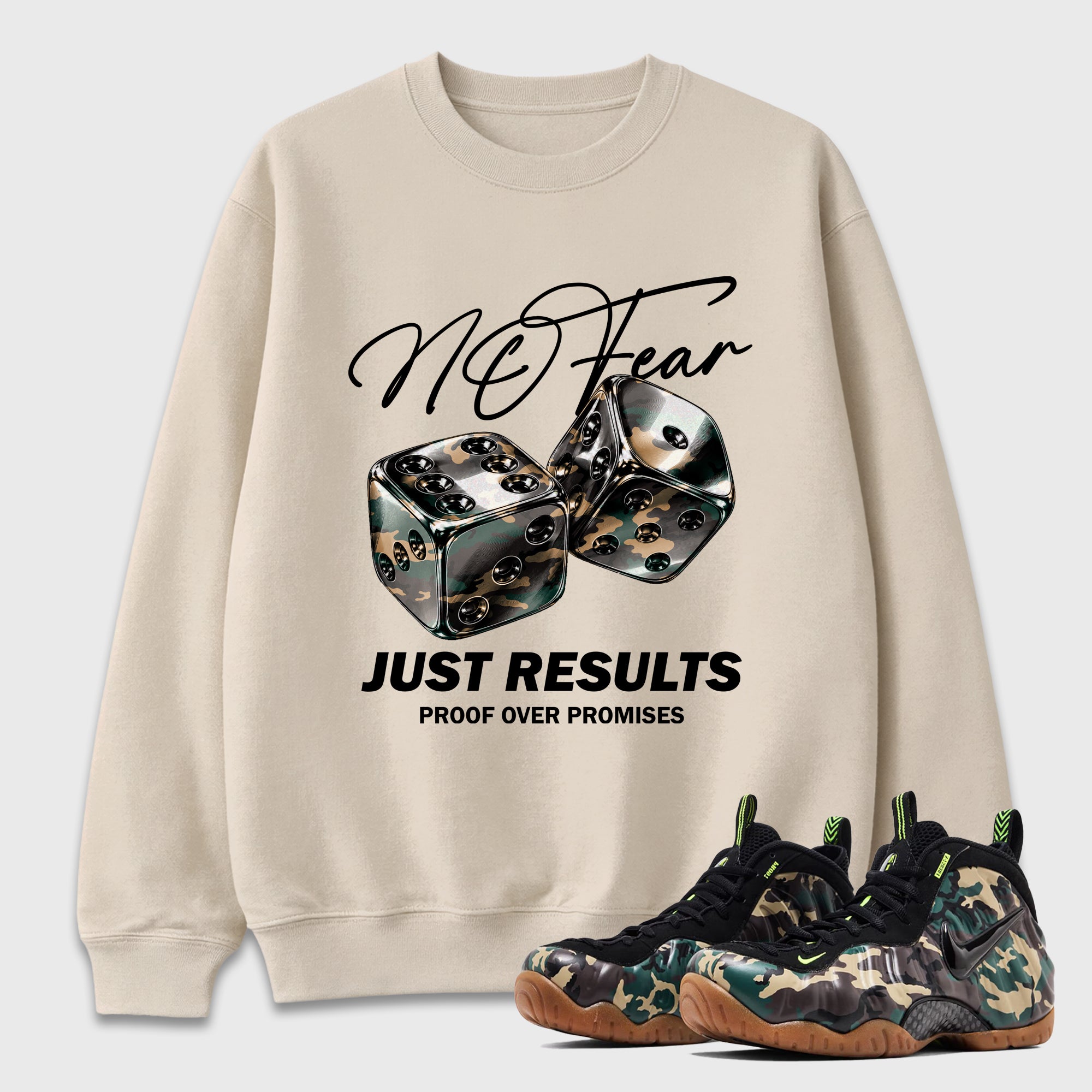 No Fear Graphic T-Shirt featuring original streetwear artwork designed to match the Air Foamposite Pro Green Camo. Natural 1 Graphic Tee.