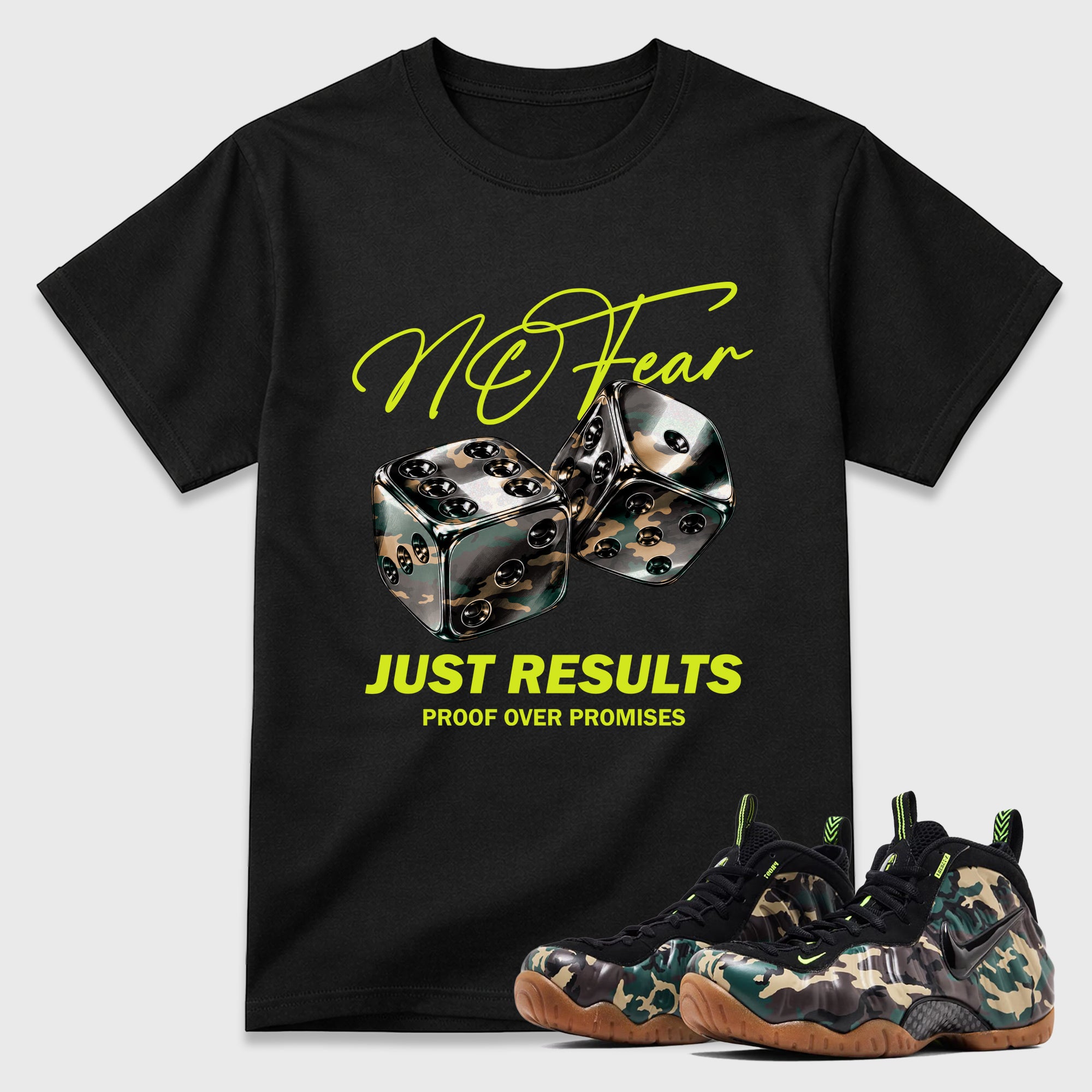 No Fear Graphic T-Shirt featuring original streetwear artwork designed to match the Air Foamposite Pro Green Camo. Black 1 Graphic T-Shirt.