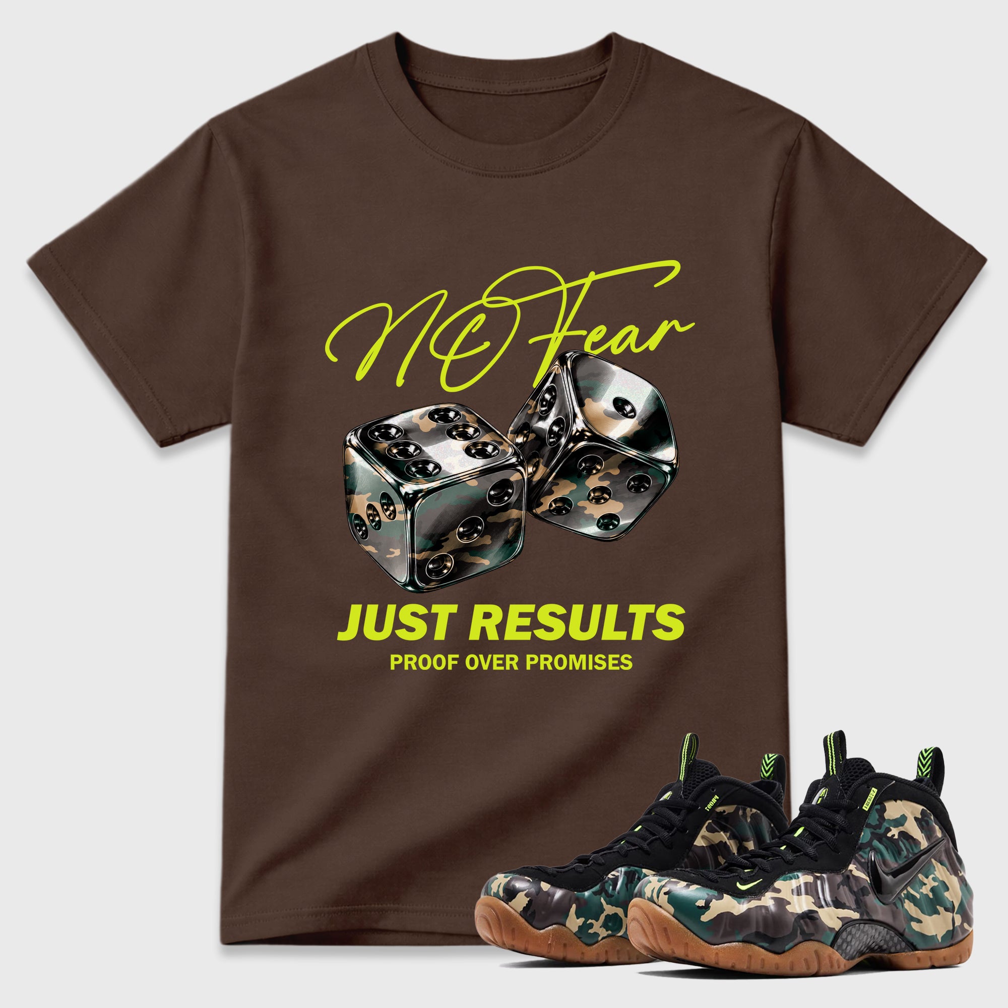 No Fear Graphic T-Shirt featuring original streetwear artwork designed to match the Air Foamposite Pro Green Camo. Dark Chocolate 1 Graphic T-Shirt.