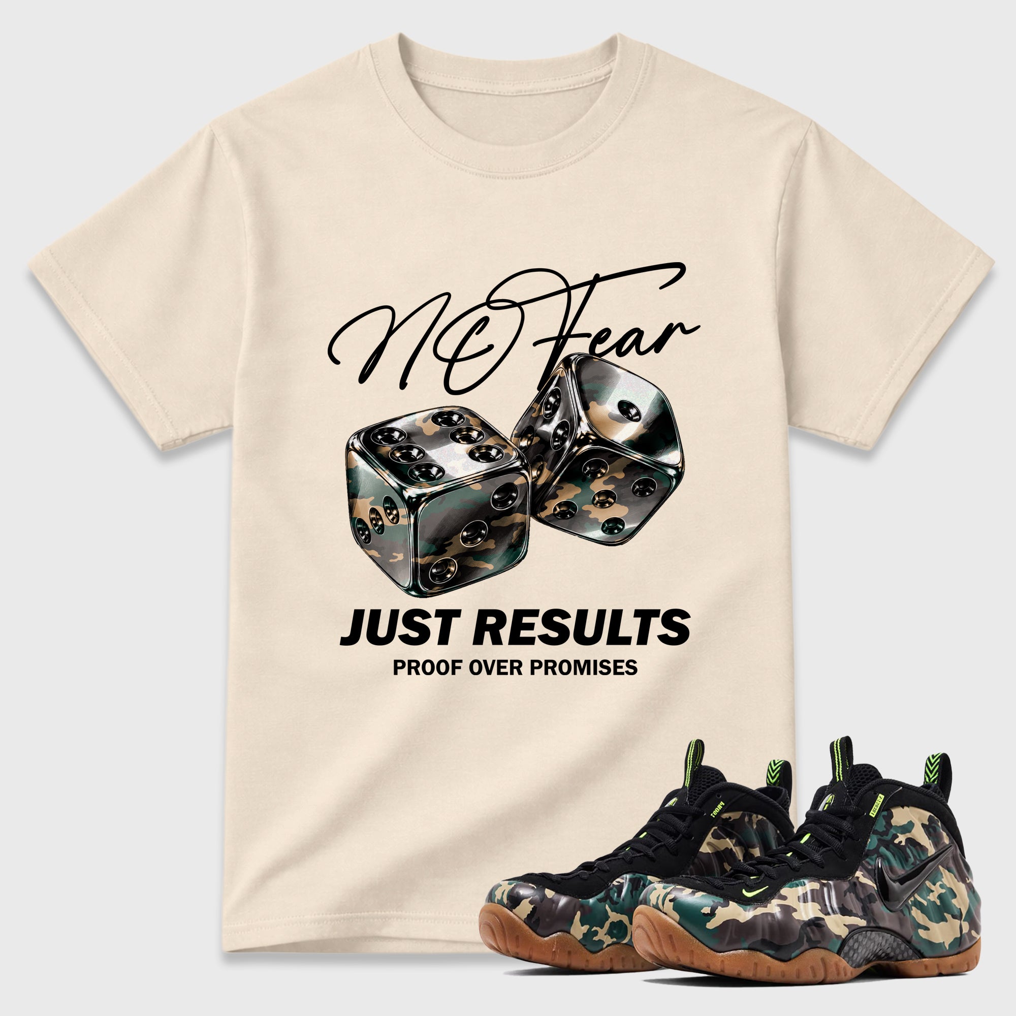 No Fear Graphic T-Shirt featuring original streetwear artwork designed to match the Air Foamposite Pro Green Camo. Natural 1 Graphic T-Shirt.