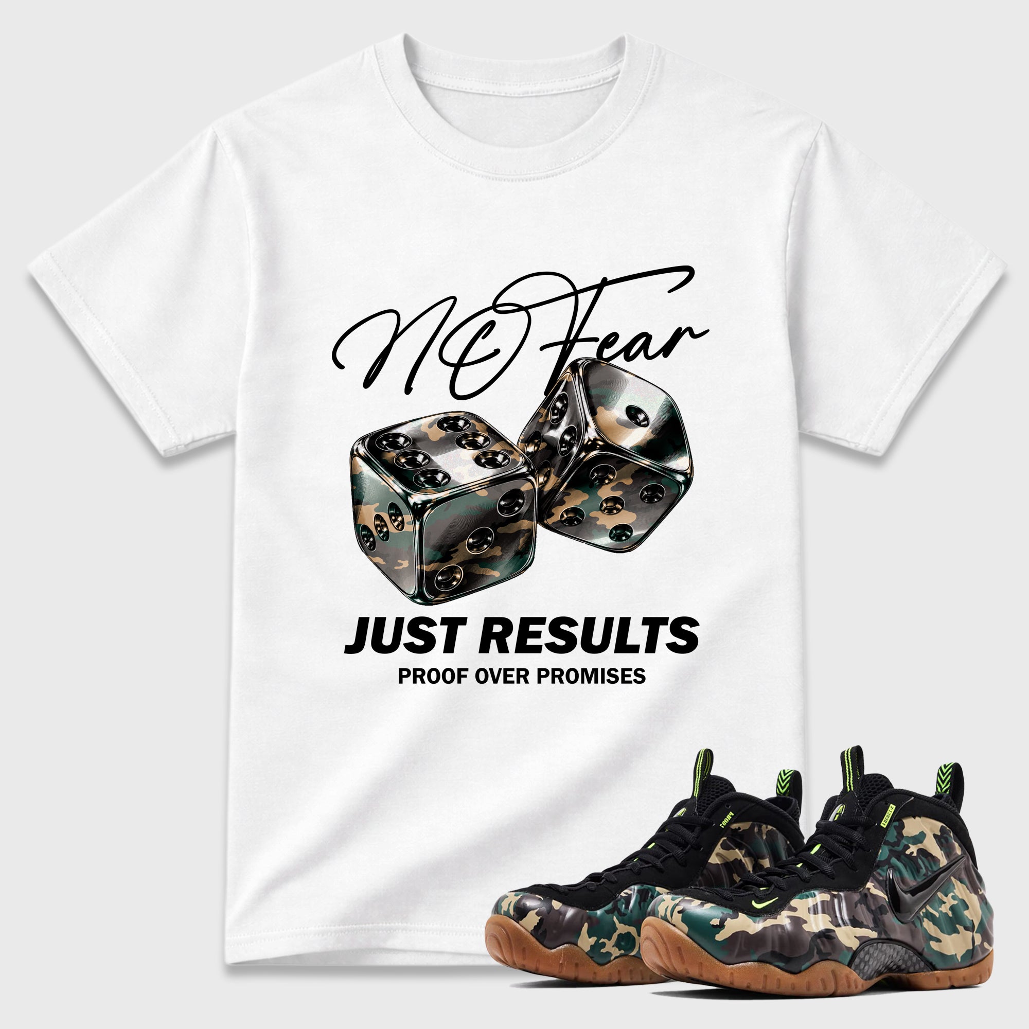No Fear Graphic T-Shirt featuring original streetwear artwork designed to match the Air Foamposite Pro Green Camo. White 1 Graphic T-Shirt.