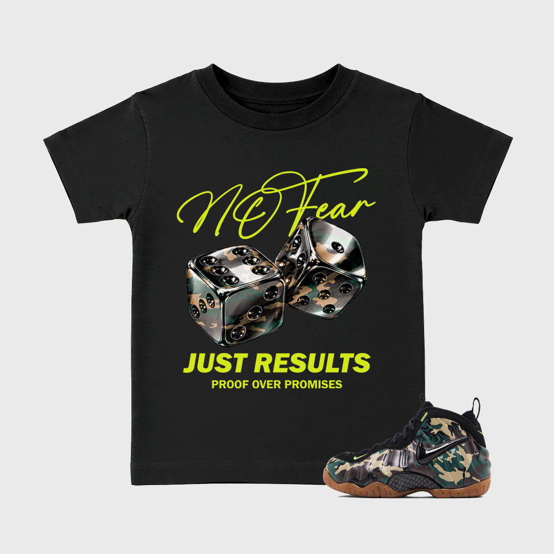 No Fear Baby & Kids Graphic T-Shirt featuring original artwork designed to match the Air Foamposite Pro Green Camo. Black 1 Kids Graphic Tee.