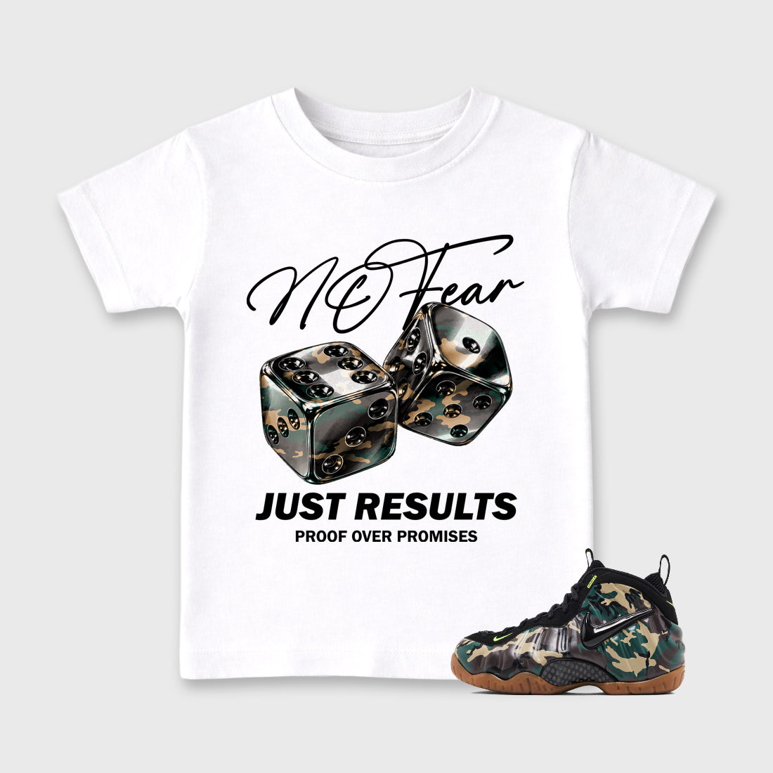 No Fear Baby & Kids Graphic T-Shirt featuring original artwork designed to match the Air Foamposite Pro Green Camo. White 1 Kids Graphic Tee.
