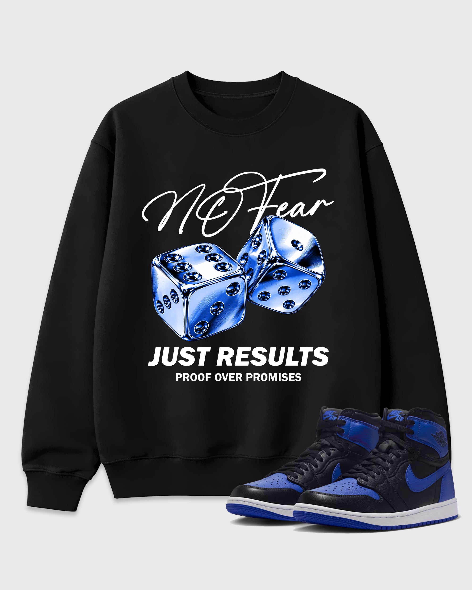 No Fear Graphic T-Shirt featuring original streetwear artwork designed to match the Air Jordan 1 Royal. Black 1 Graphic Tee.
