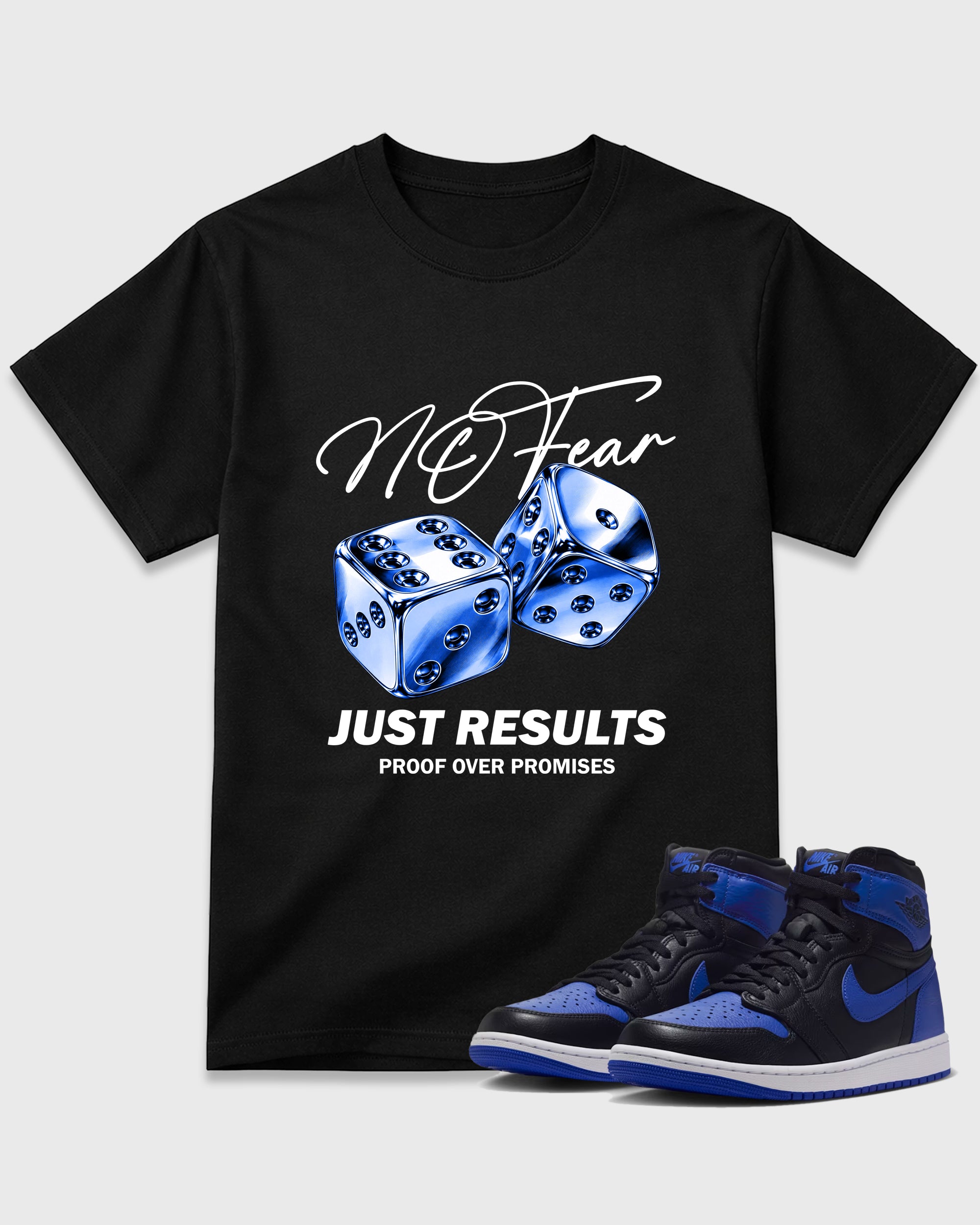 No Fear Graphic T-Shirt featuring original streetwear artwork designed to match the Air Jordan 1 Royal. Black 1 Graphic T-Shirt.