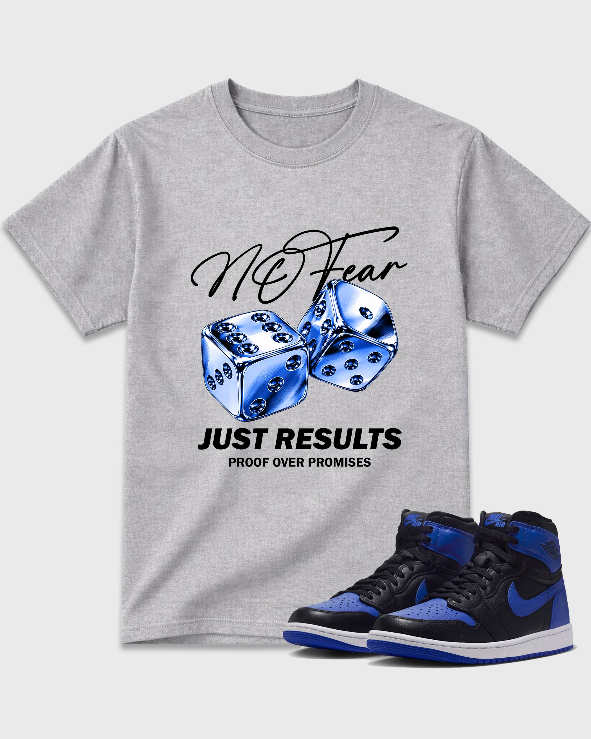 No Fear Graphic T-Shirt featuring original streetwear artwork designed to match the Air Jordan 1 Royal. Heather Grey 1 Graphic T-Shirt.