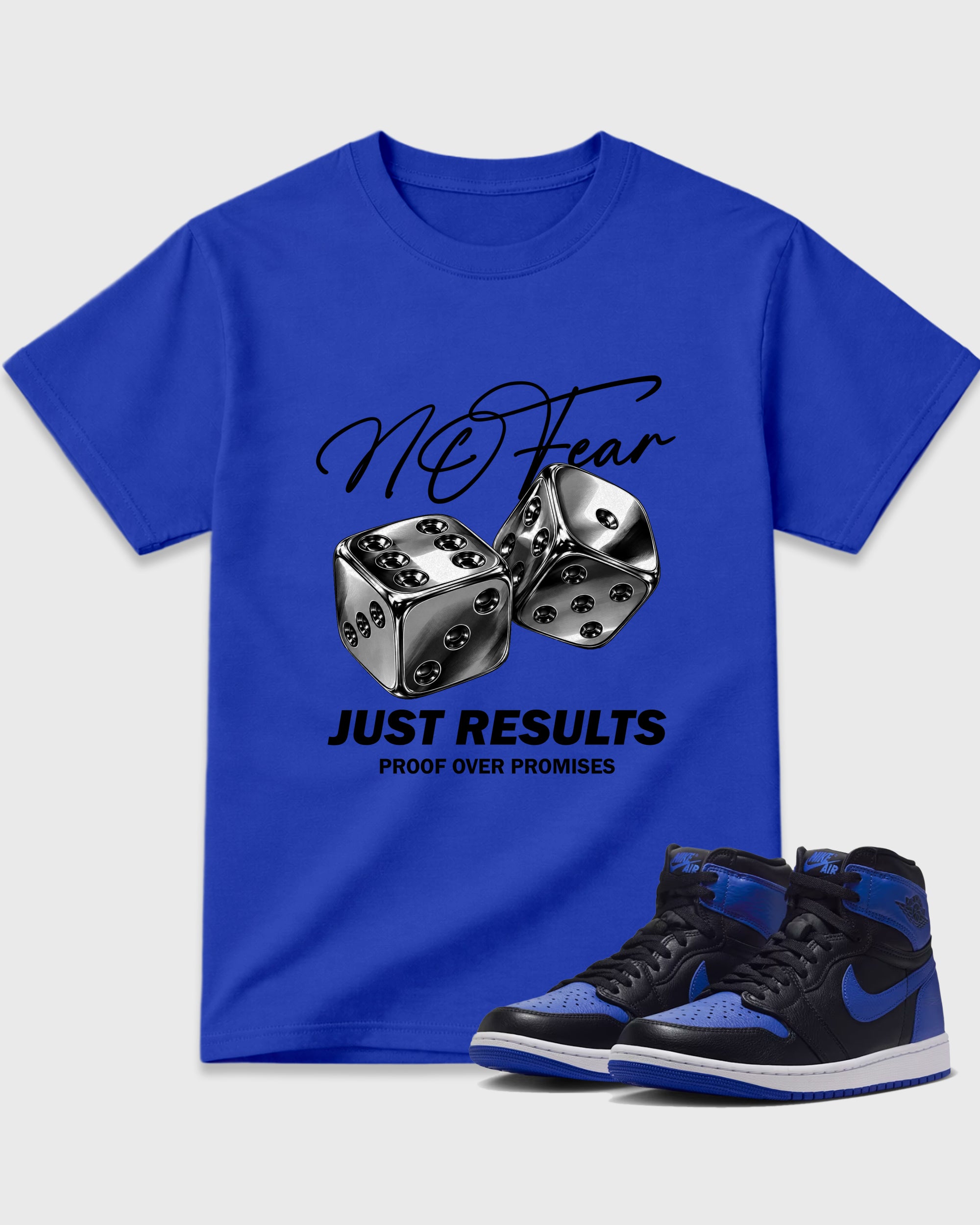 No Fear Graphic T-Shirt featuring original streetwear artwork designed to match the Air Jordan 1 Royal. Royal Blue 1 Graphic T-Shirt.
