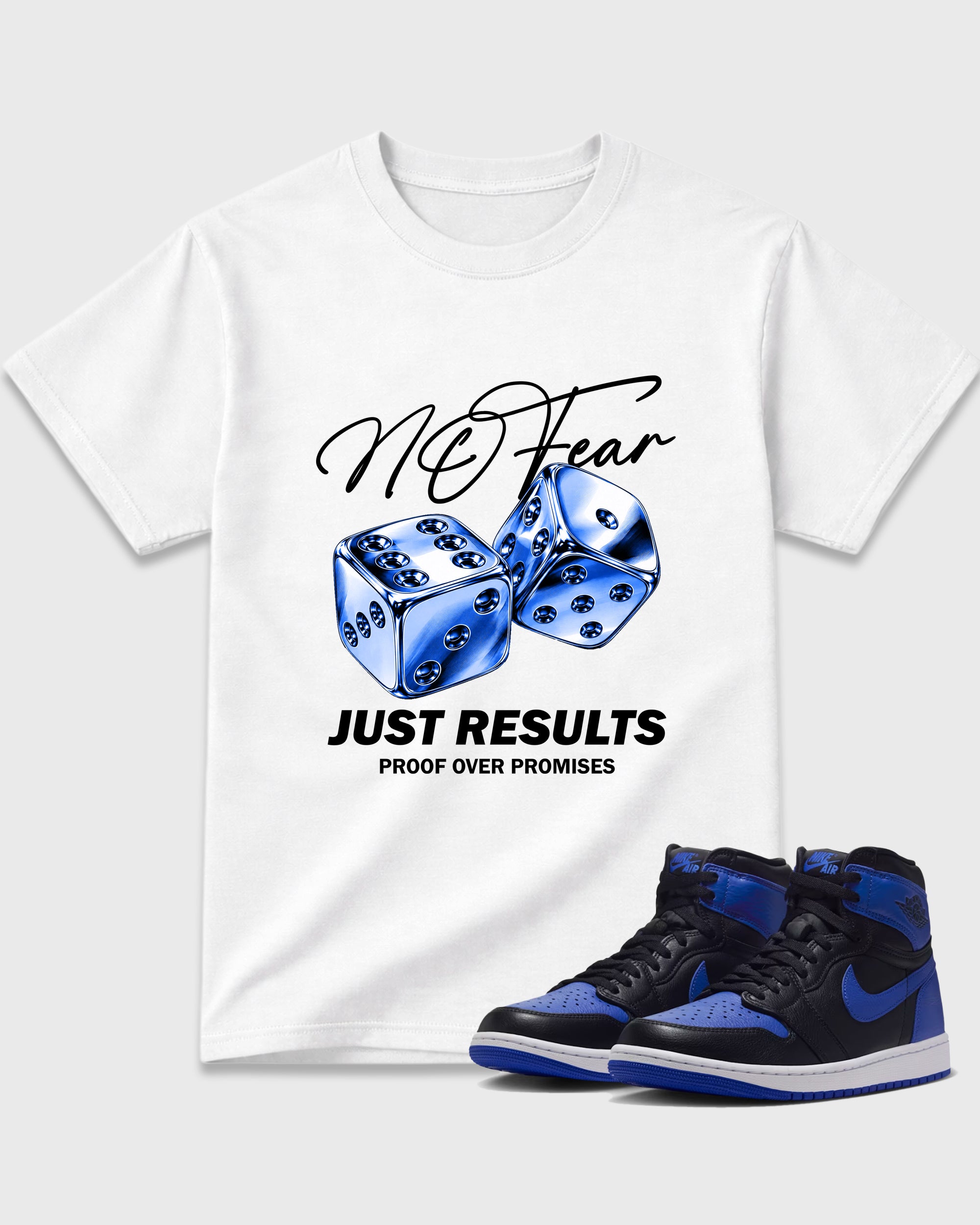 No Fear Graphic T-Shirt featuring original streetwear artwork designed to match the Air Jordan 1 Royal. White 1 Graphic T-Shirt.