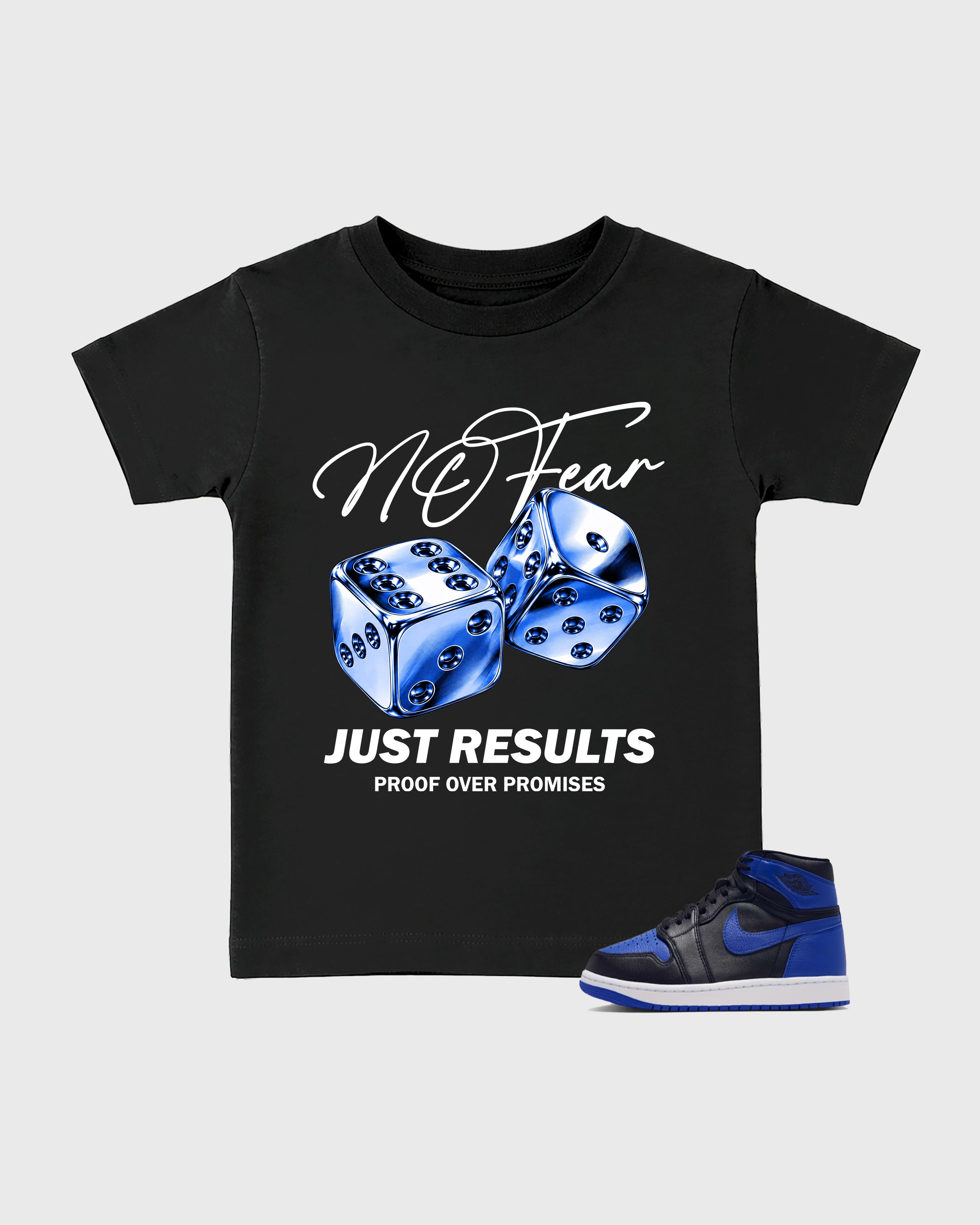No Fear Baby & Kids Graphic T-Shirt featuring original artwork designed to match the Air Jordan 1 Royal. Black 1 Kids Graphic Tee.