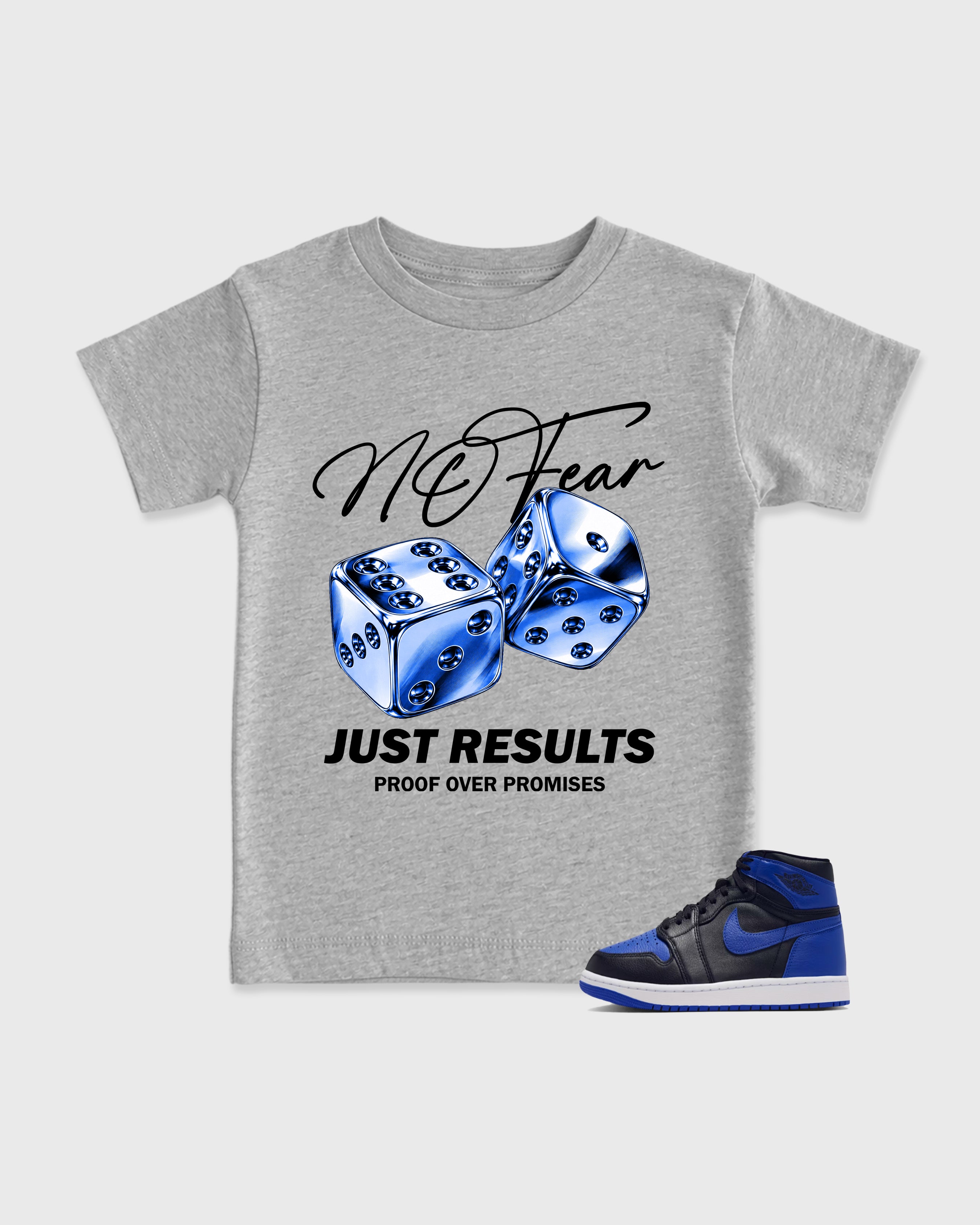 No Fear Baby & Kids Graphic T-Shirt featuring original artwork designed to match the Air Jordan 1 Royal. Heather Grey 1 Kids Graphic Tee.