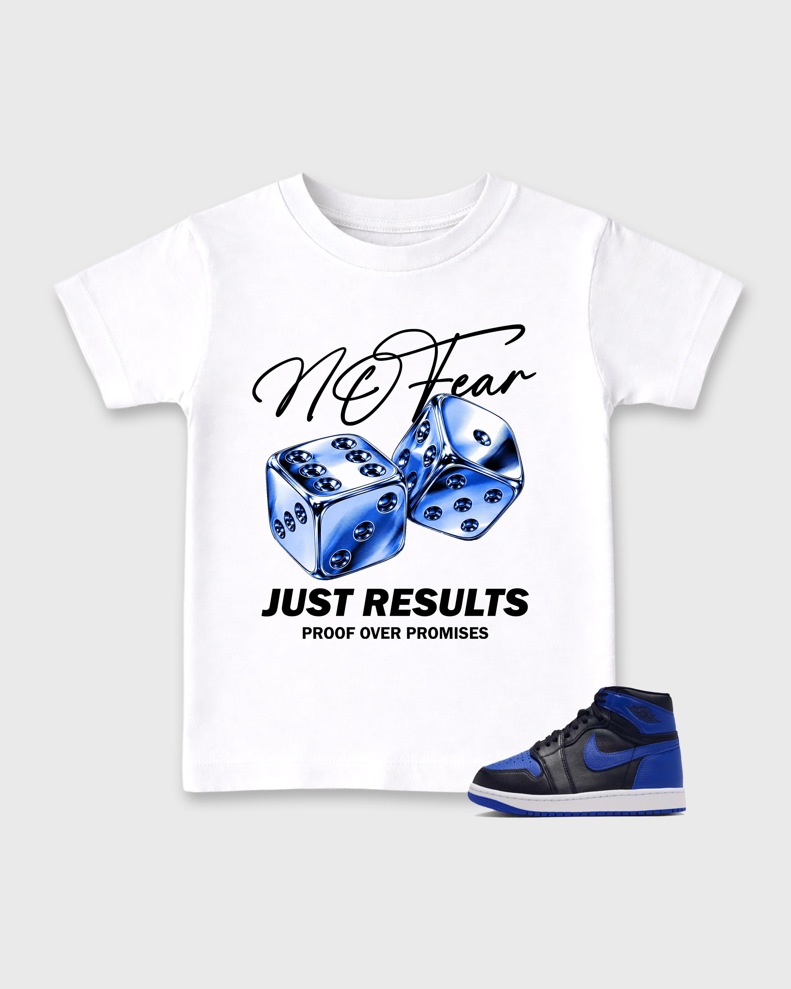 No Fear Baby & Kids Graphic T-Shirt featuring original artwork designed to match the Air Jordan 1 Royal. White 1 Kids Graphic Tee.