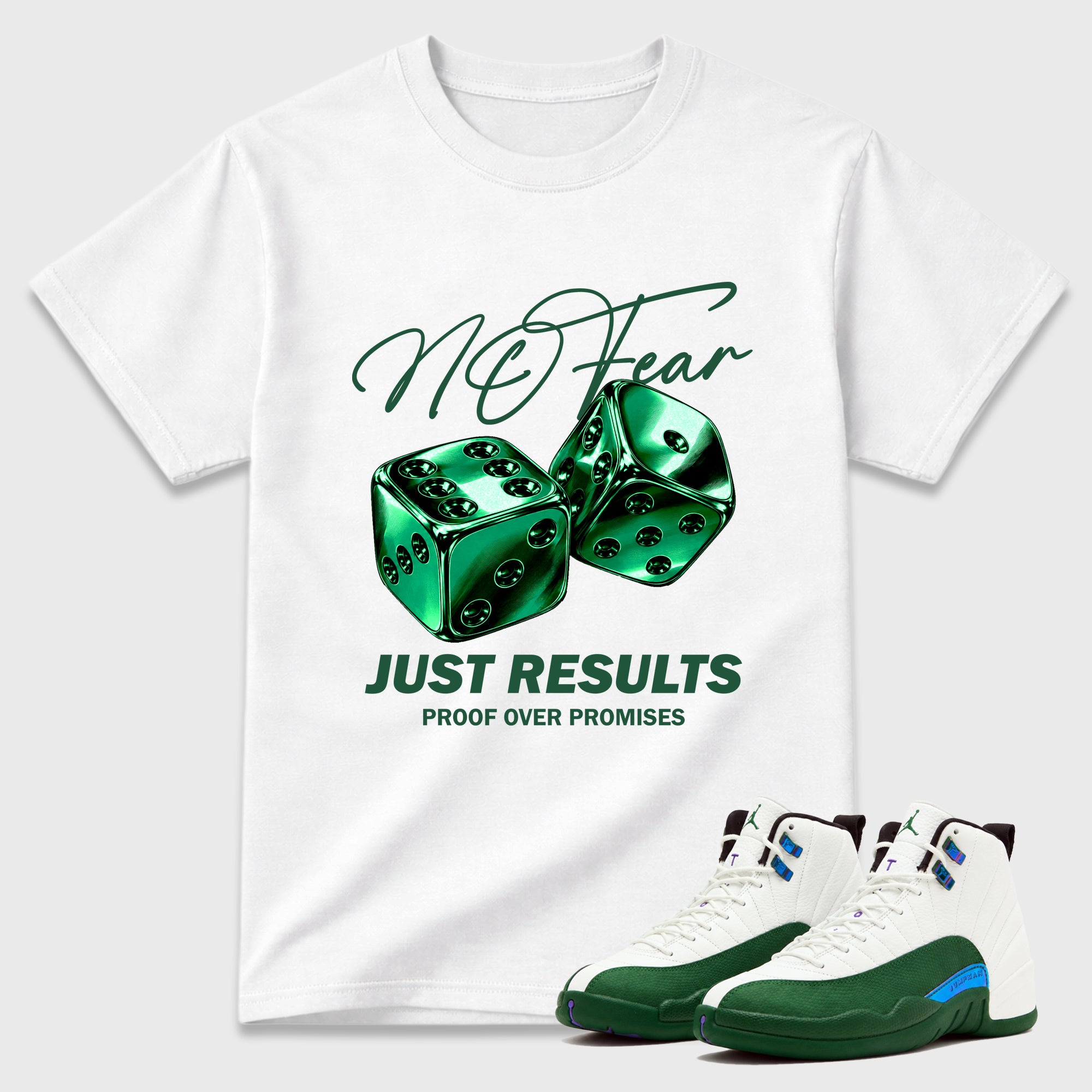 No Fear Graphic T-Shirt featuring original streetwear artwork designed to match the Air Jordan 12 Summit Green. White 1 Graphic T-Shirt.