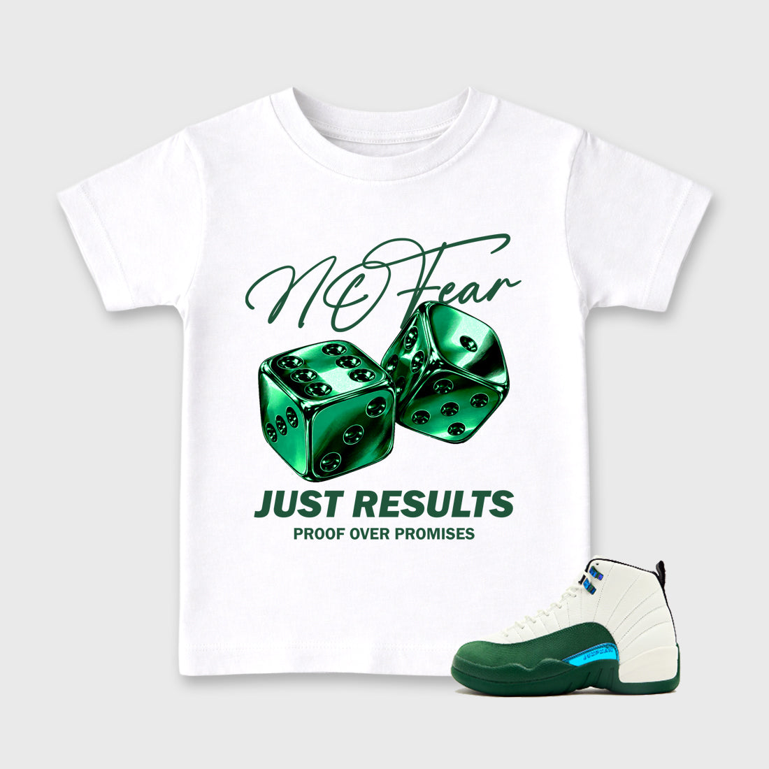 No Fear Baby & Kids Graphic T-Shirt featuring original artwork designed to match the Air Jordan 12 Summit Green. White 1 Kids Graphic Tee.