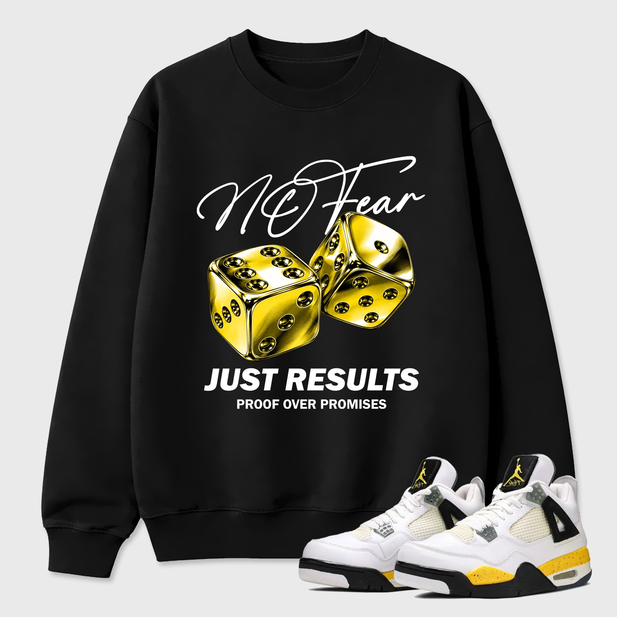 No Fear Graphic T-Shirt featuring original streetwear artwork designed to match the Air Jordan 4 Tour Yellow. Black 1 Graphic Tee.