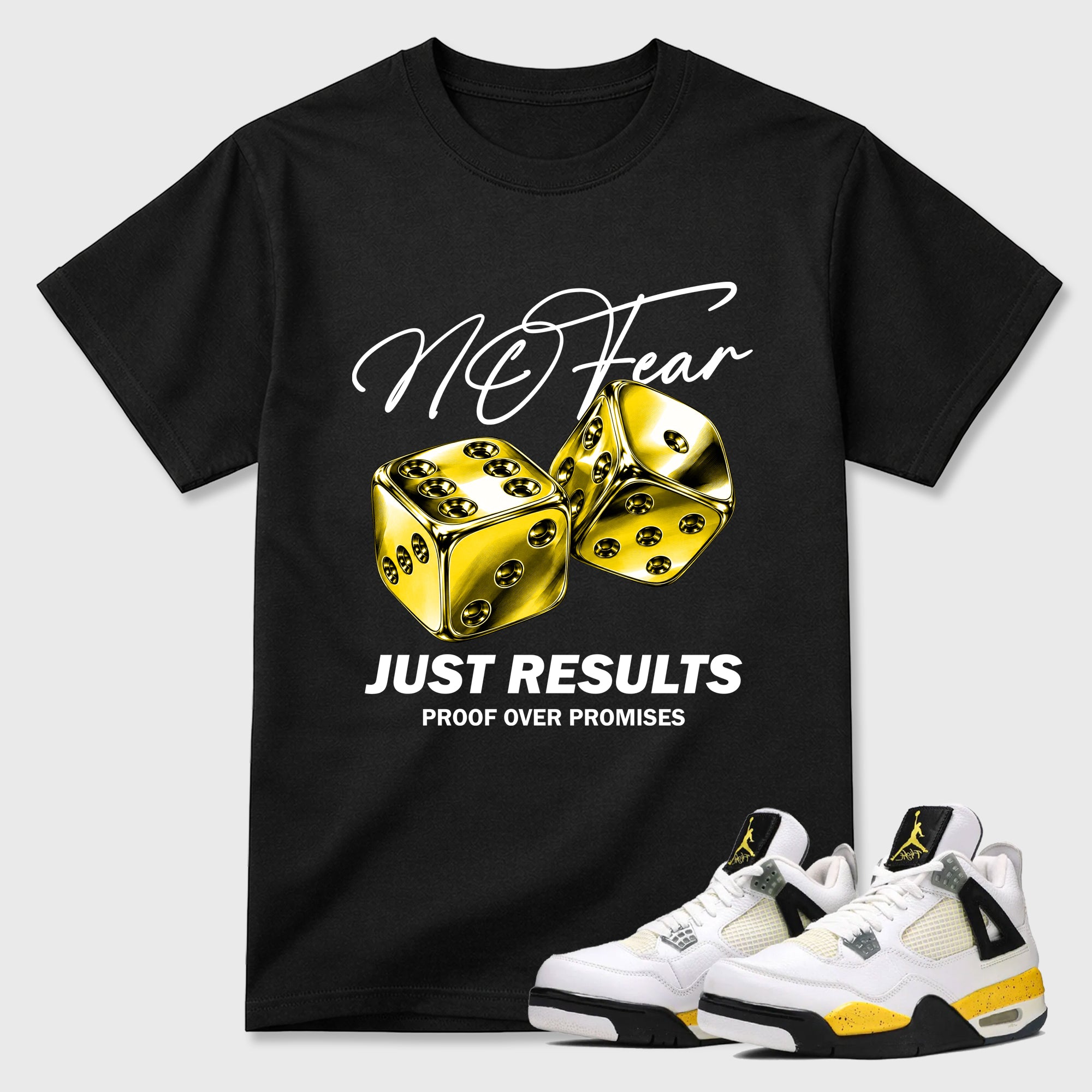 No Fear Graphic T-Shirt featuring original streetwear artwork designed to match the Air Jordan 4 Tour Yellow. Black 1 Graphic T-Shirt.