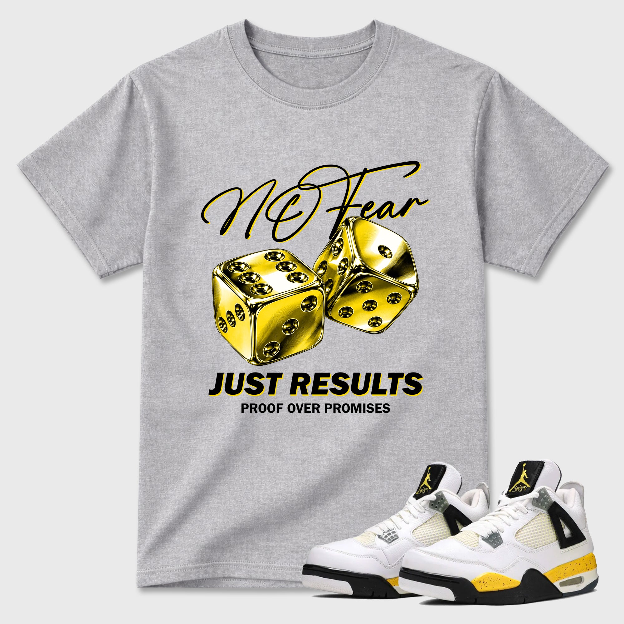 No Fear Graphic T-Shirt featuring original streetwear artwork designed to match the Air Jordan 4 Tour Yellow. Heather Grey 1 Graphic T-Shirt.