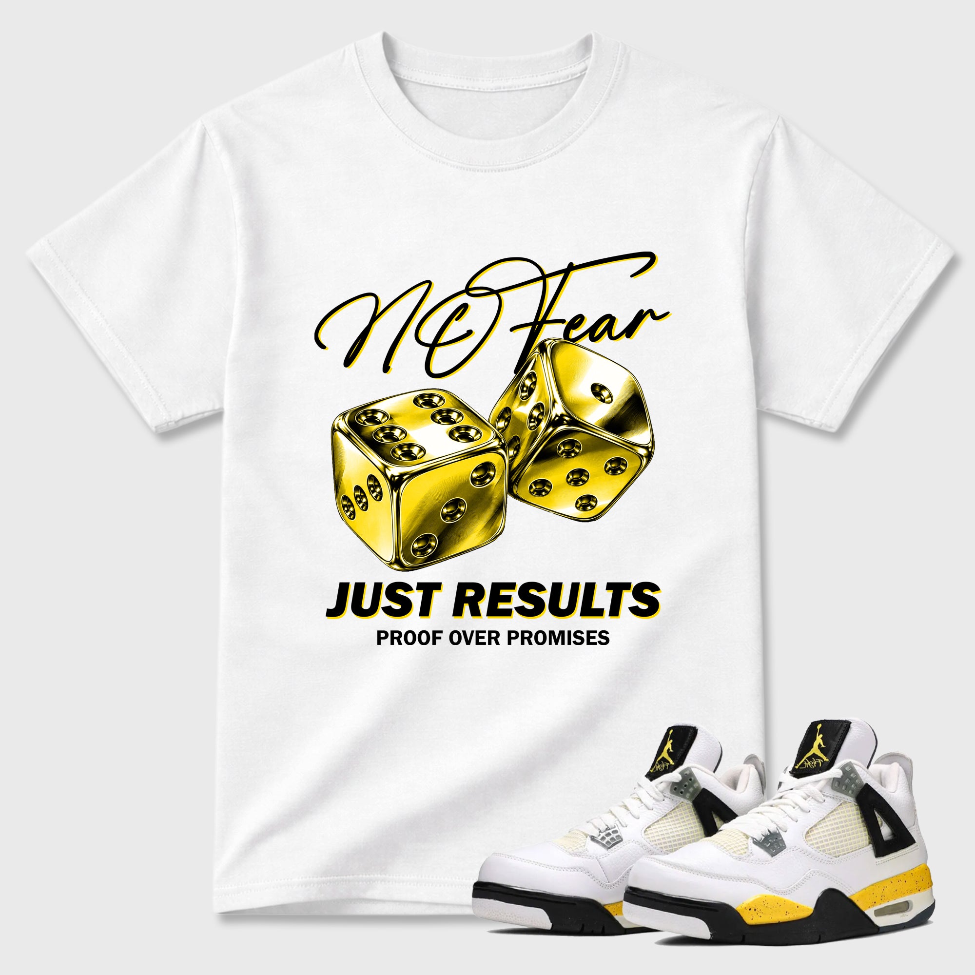 No Fear Graphic T-Shirt featuring original streetwear artwork designed to match the Air Jordan 4 Tour Yellow. White 1 Graphic T-Shirt.