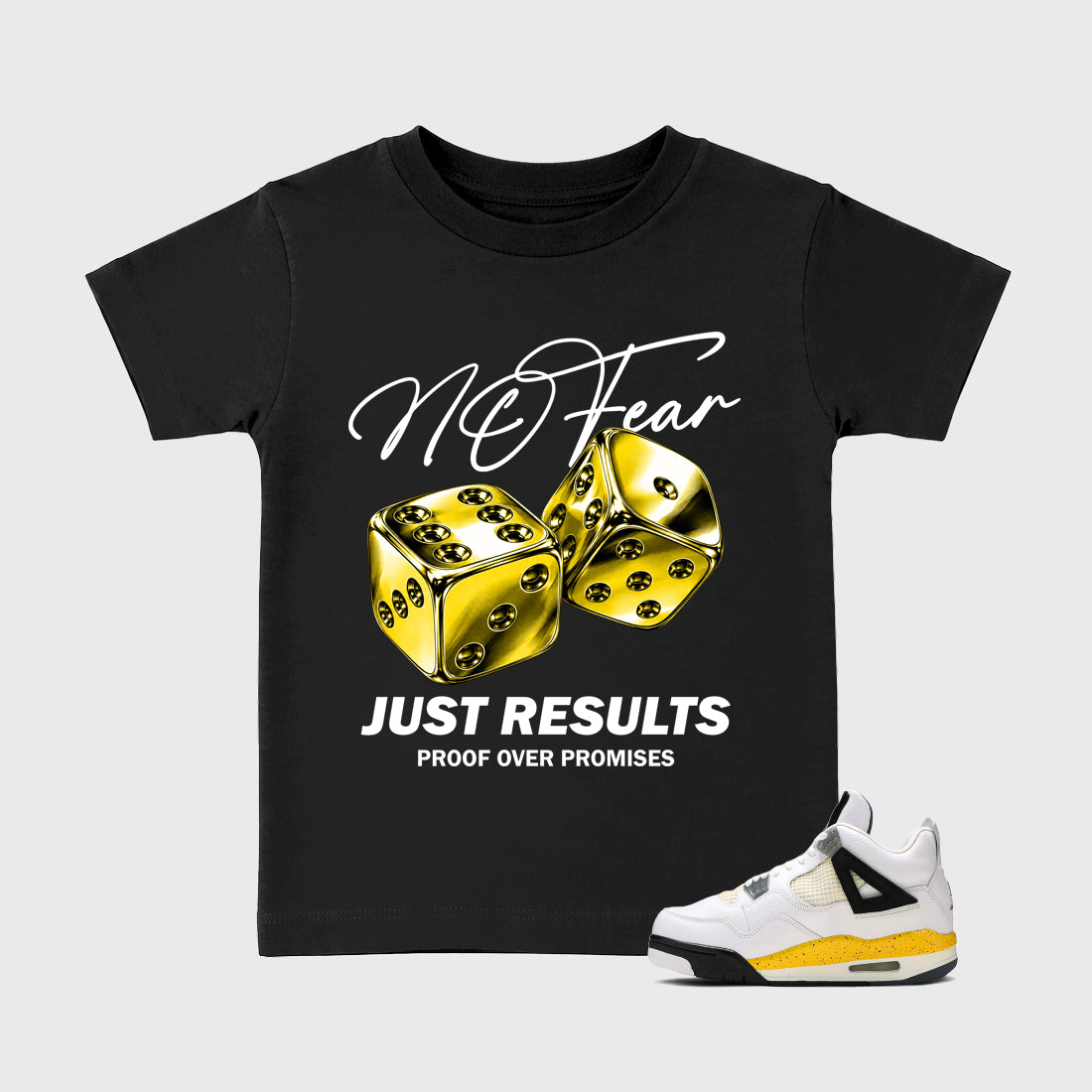 No Fear Baby & Kids Graphic T-Shirt featuring original artwork designed to match the Air Jordan 4 Tour Yellow. Black 1 Kids Graphic Tee.