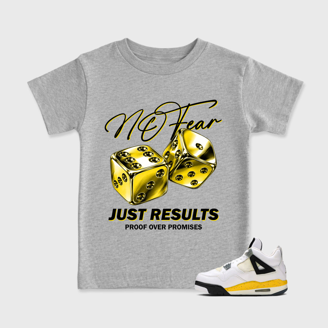 No Fear Baby & Kids Graphic T-Shirt featuring original artwork designed to match the Air Jordan 4 Tour Yellow. Heather Grey 1 Kids Graphic Tee.