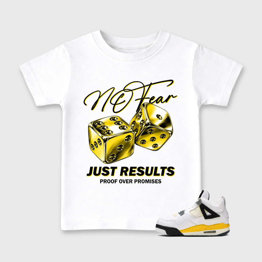 No Fear Baby & Kids Graphic T-Shirt featuring original artwork designed to match the Air Jordan 4 Tour Yellow. White 1 Kids Graphic Tee.