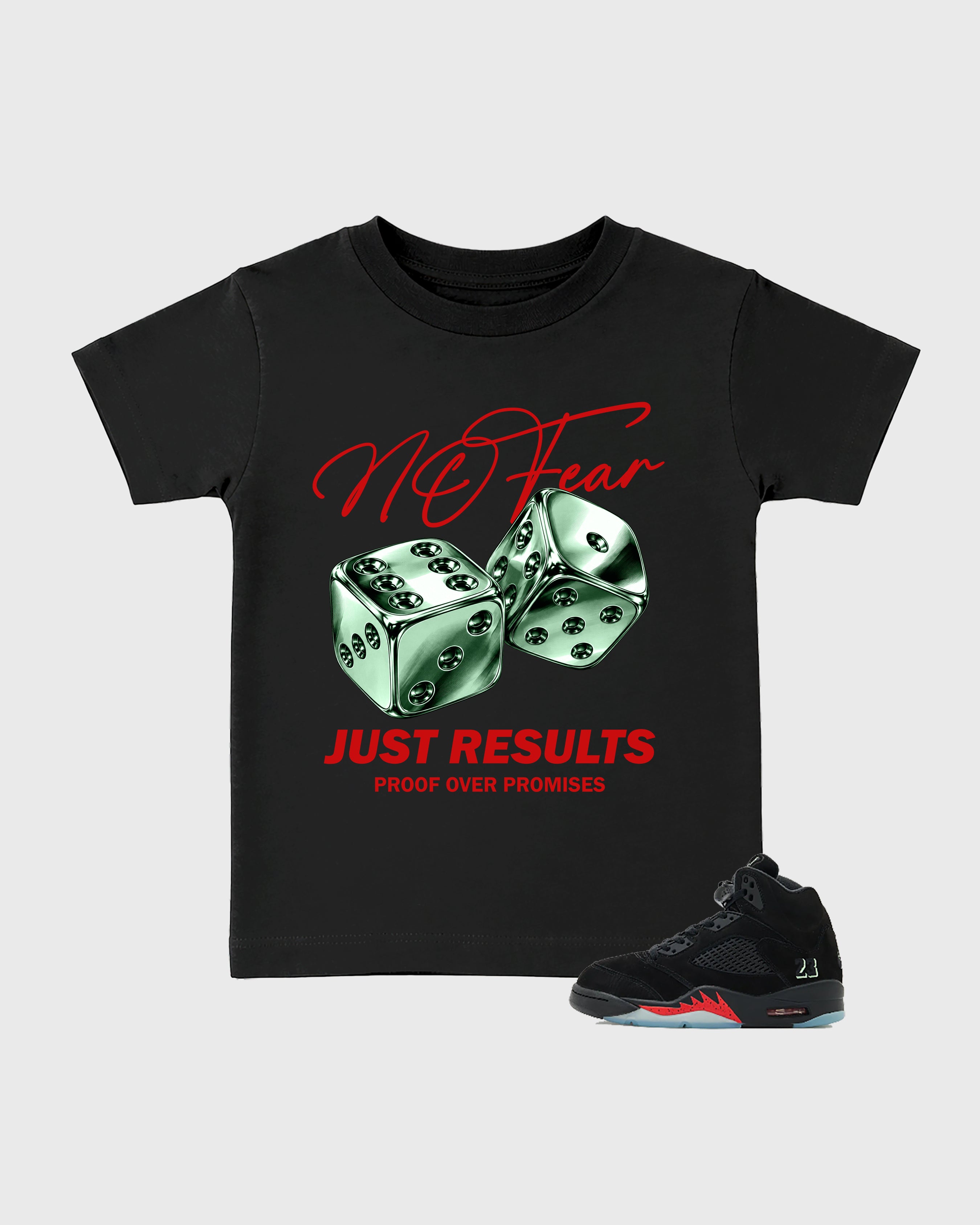 No Fear Baby & Kids Graphic T-Shirt featuring original artwork designed to match the Air Jordan 5 Halloween. Black 1 Kids Graphic Tee.