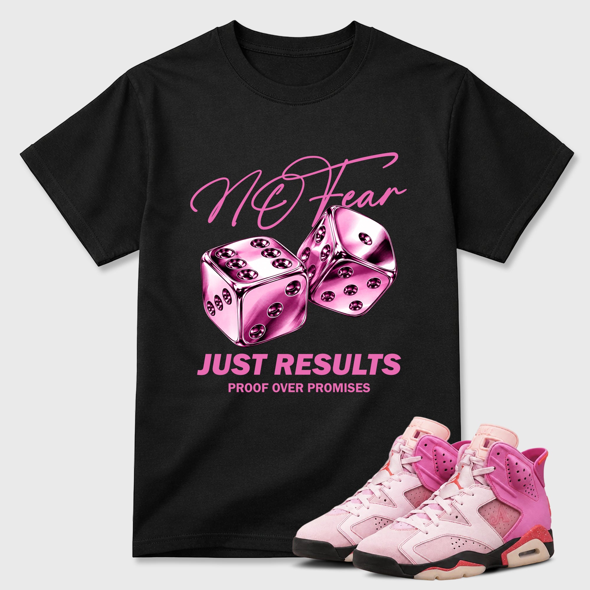 No Fear Graphic T-Shirt featuring original streetwear artwork designed to match the Air Jordan 6 Playful Pink. Black 1 Graphic T-Shirt.