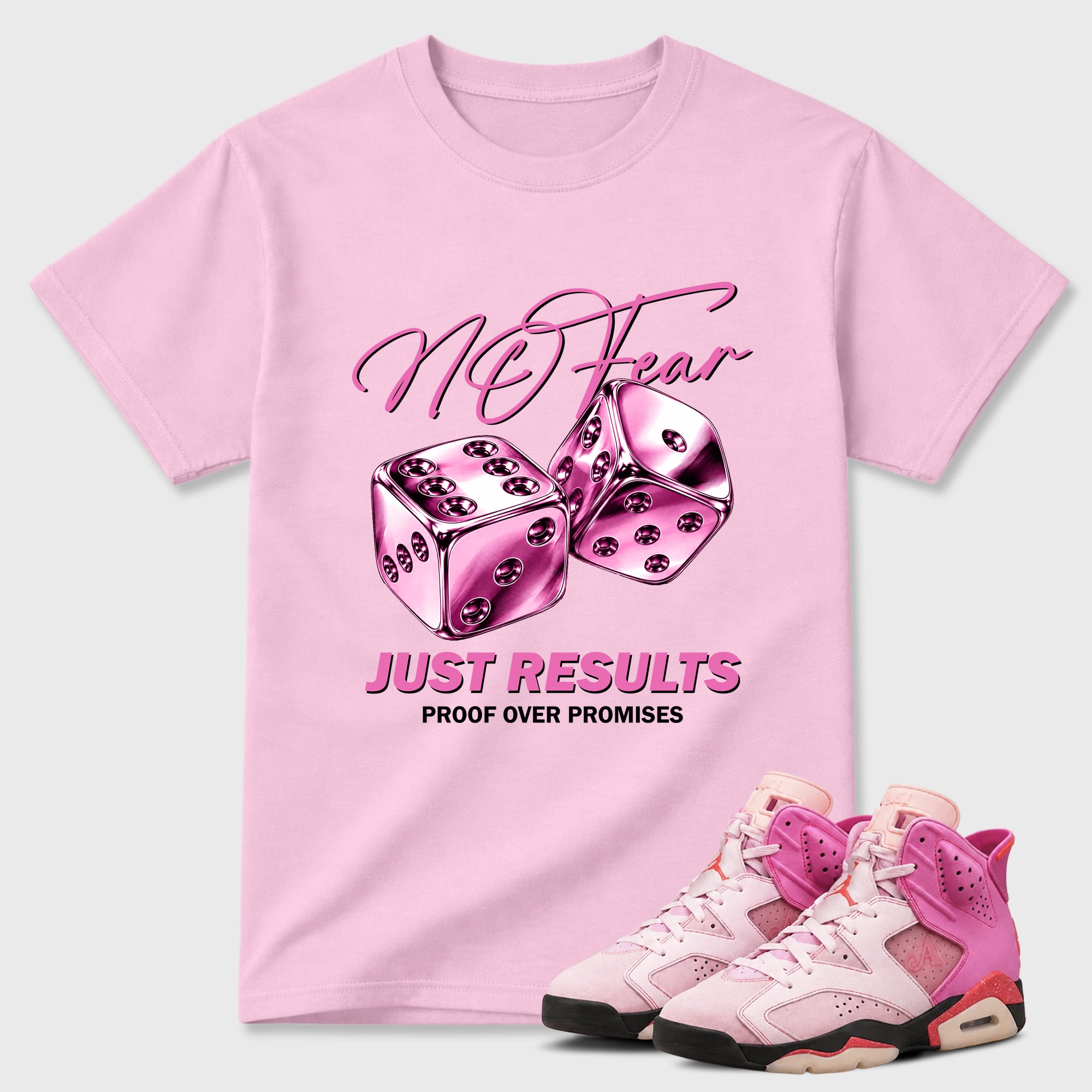 No Fear Graphic T-Shirt featuring original streetwear artwork designed to match the Air Jordan 6 Playful Pink. Pink 1 Graphic T-Shirt.