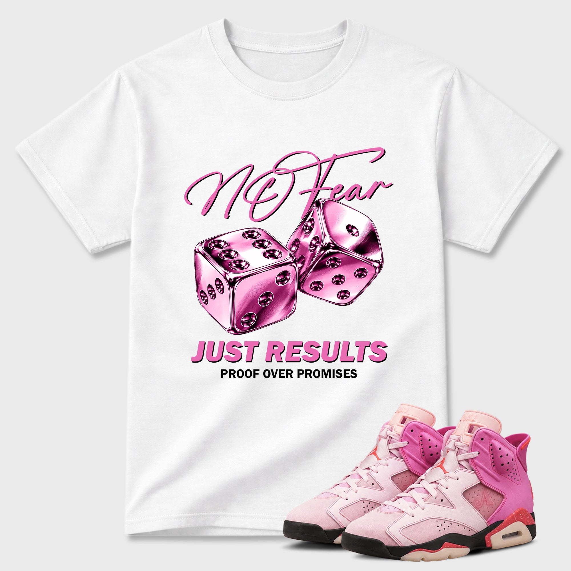 No Fear Graphic T-Shirt featuring original streetwear artwork designed to match the Air Jordan 6 Playful Pink. White 1 Graphic T-Shirt.