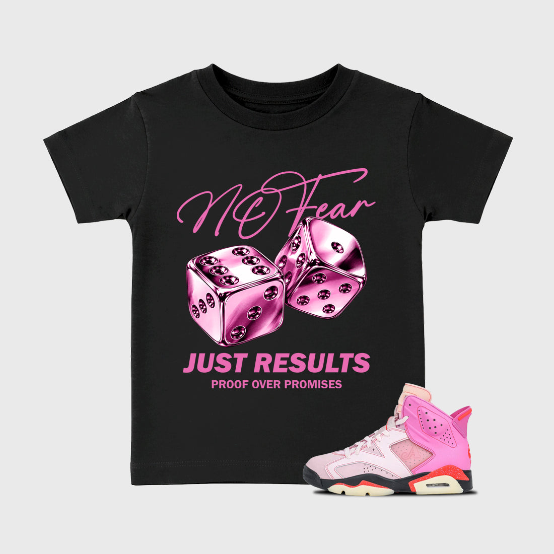 No Fear Baby & Kids Graphic T-Shirt featuring original artwork designed to match the Air Jordan 6 Playful Pink. Black 1 Kids Graphic Tee.