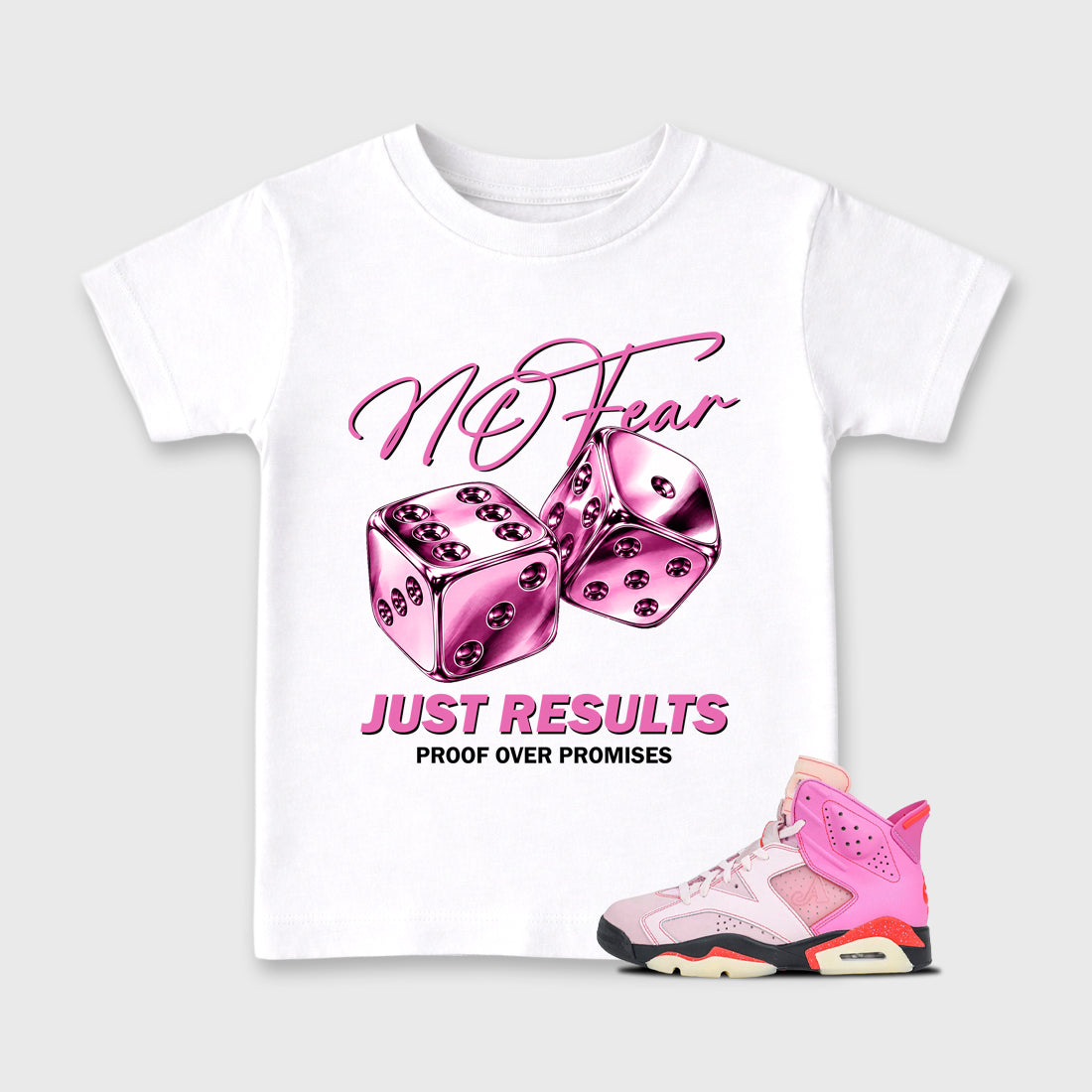 No Fear Baby & Kids Graphic T-Shirt featuring original artwork designed to match the Air Jordan 6 Playful Pink. White 1 Kids Graphic Tee.