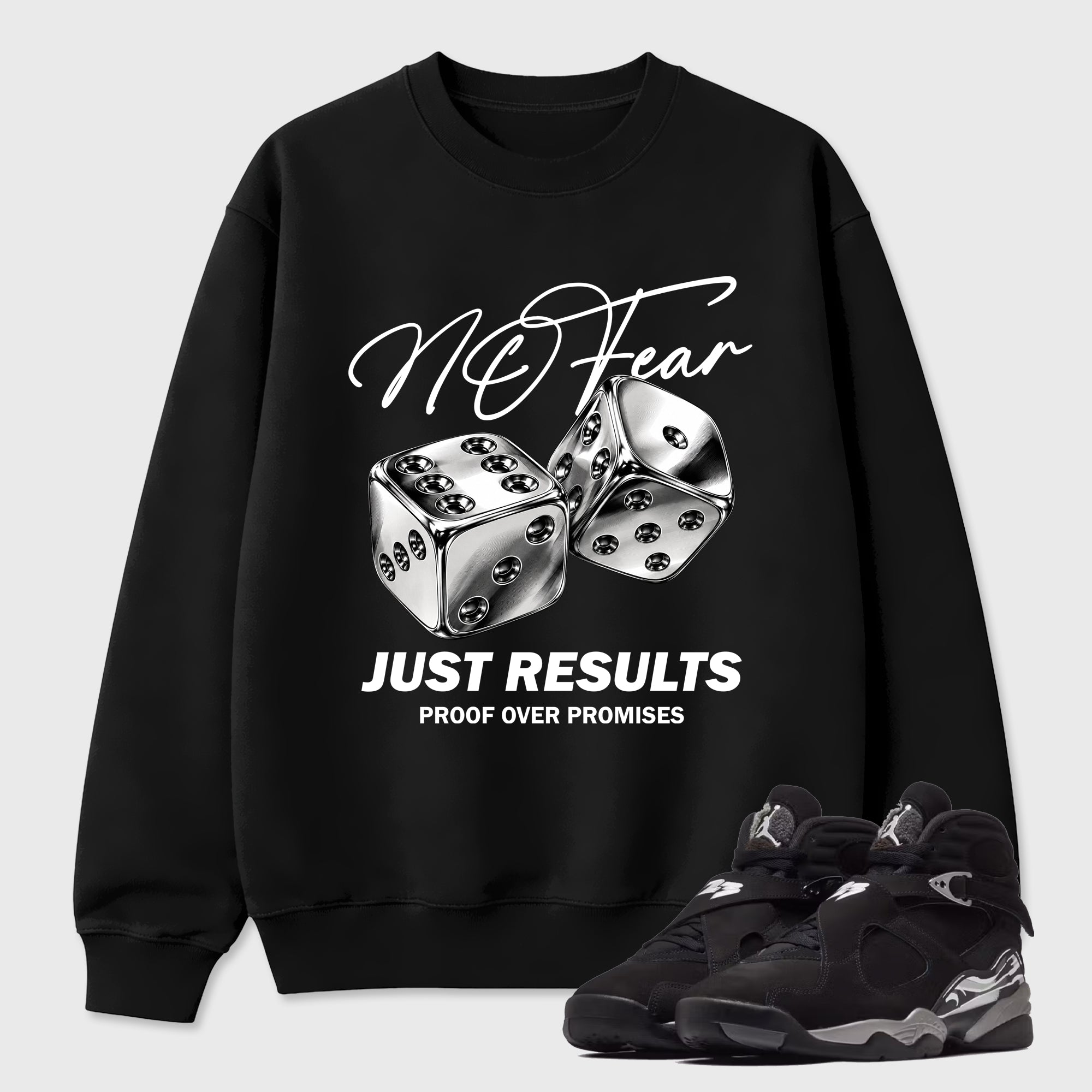 No Fear Graphic T-Shirt featuring original streetwear artwork designed to match the Air Jordan 8 Chrome. Black 1 Graphic Tee.