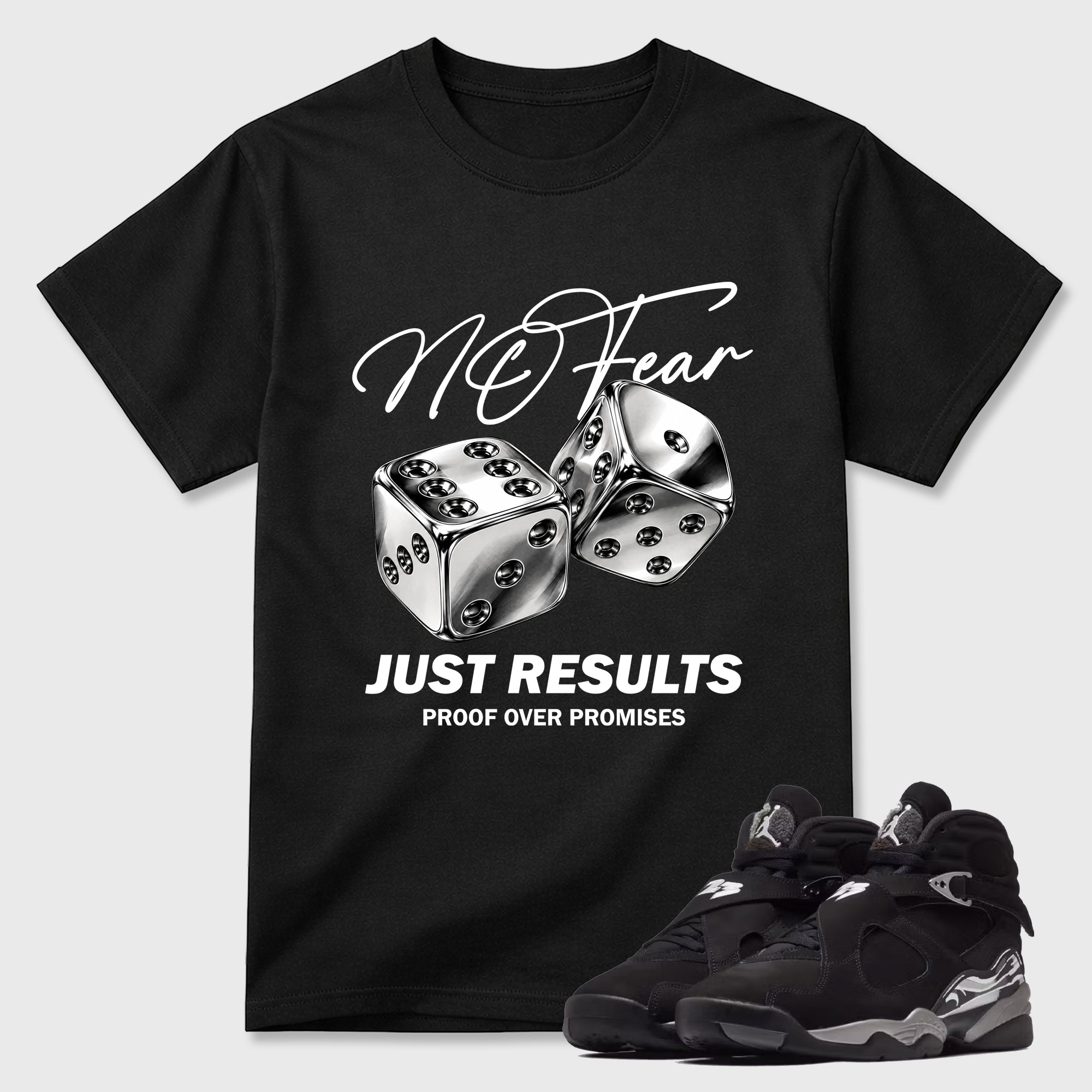 No Fear Graphic T-Shirt featuring original streetwear artwork designed to match the Air Jordan 8 Chrome. Black 1 Graphic T-Shirt.