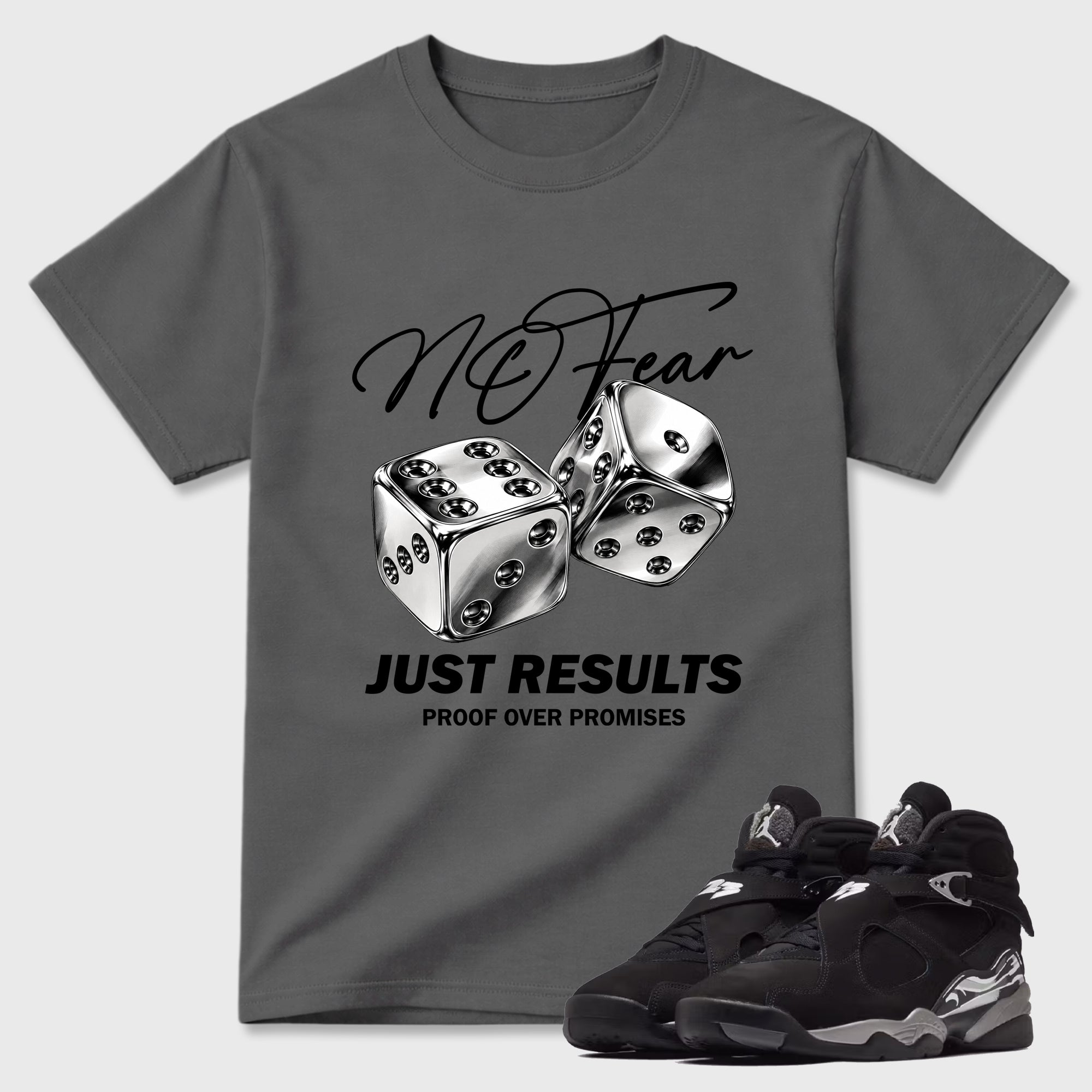 No Fear Graphic T-Shirt featuring original streetwear artwork designed to match the Air Jordan 8 Chrome. Cool Grey 1 Graphic T-Shirt.