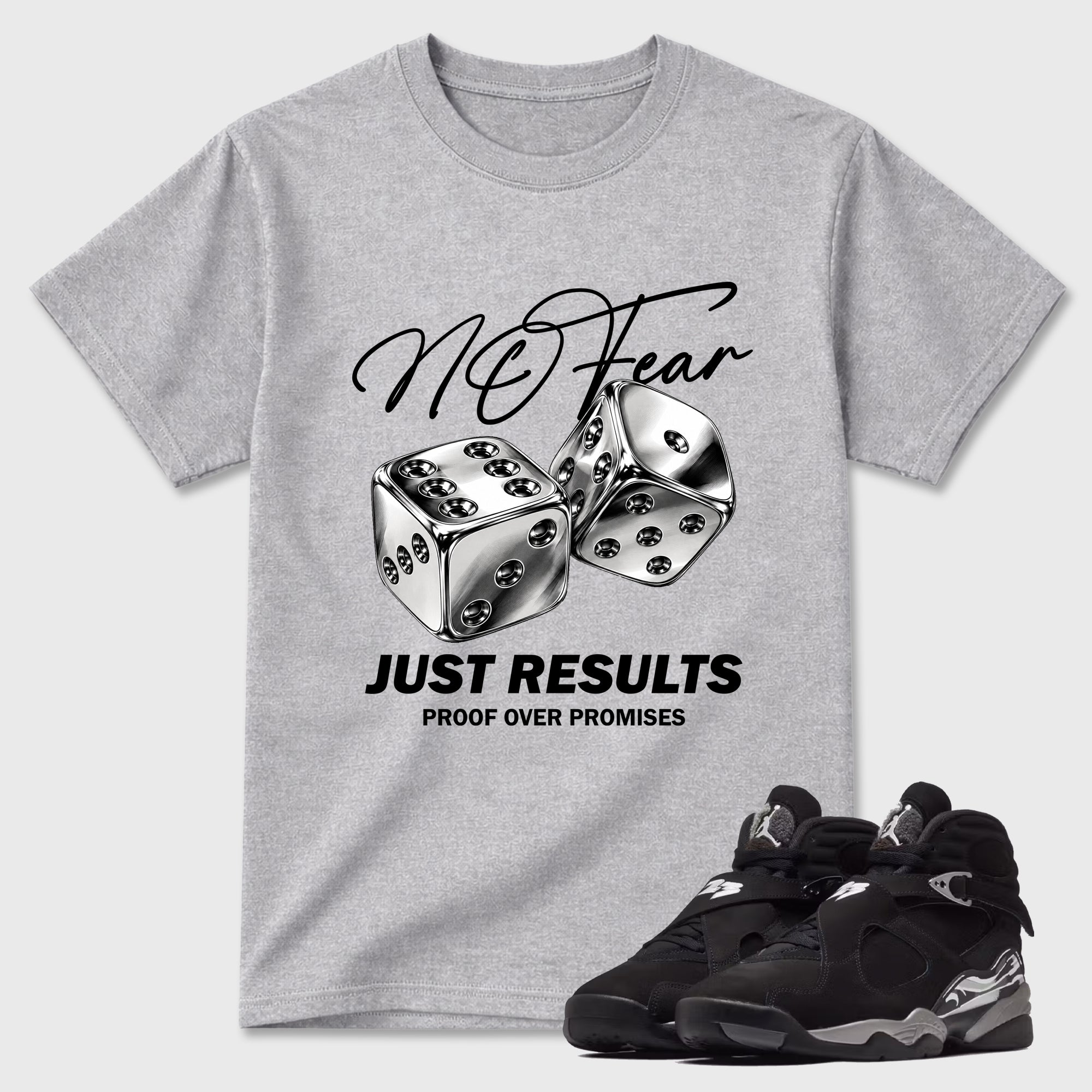 No Fear Graphic T-Shirt featuring original streetwear artwork designed to match the Air Jordan 8 Chrome. Heather Grey 1 Graphic T-Shirt.