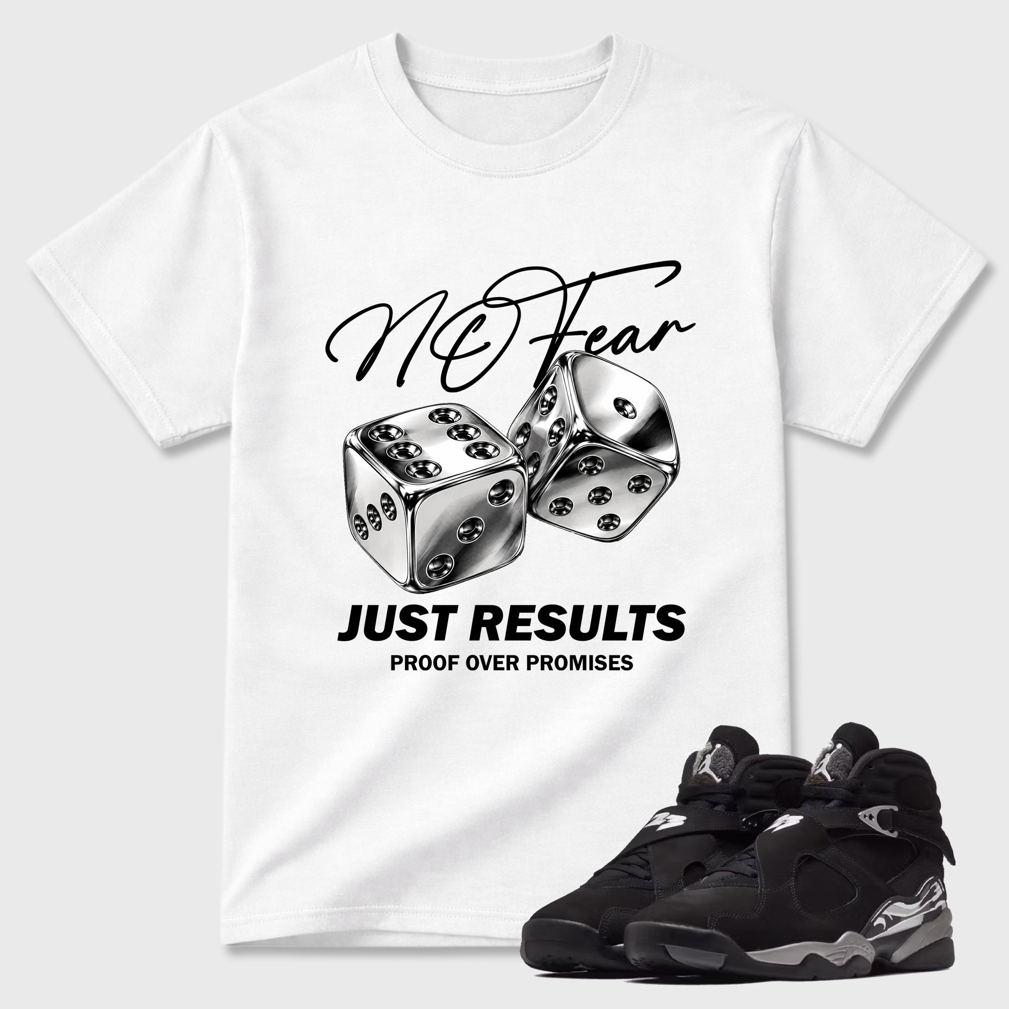 No Fear Graphic T-Shirt featuring original streetwear artwork designed to match the Air Jordan 8 Chrome. White 1 Graphic T-Shirt.