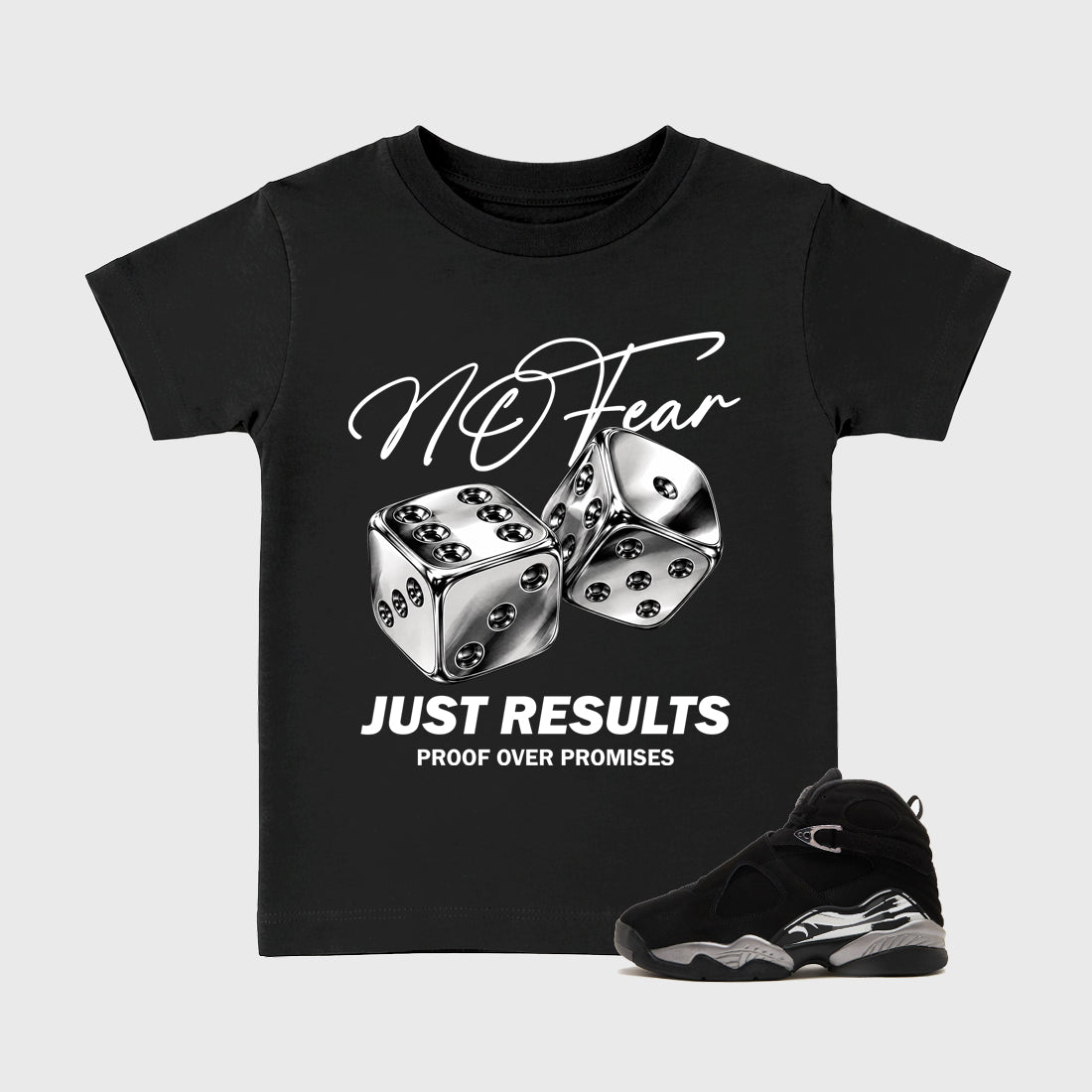 No Fear Baby & Kids Graphic T-Shirt featuring original artwork designed to match the Air Jordan 8 Chrome. Black 1 Kids Graphic Tee.