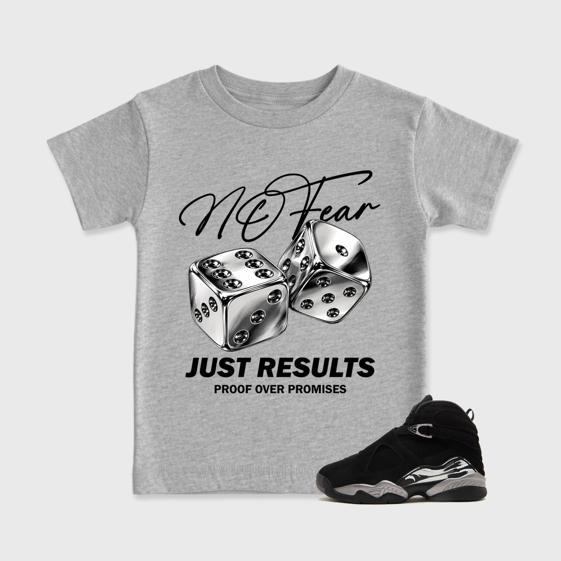No Fear Baby & Kids Graphic T-Shirt featuring original artwork designed to match the Air Jordan 8 Chrome. Heather Grey 1 Kids Graphic Tee.