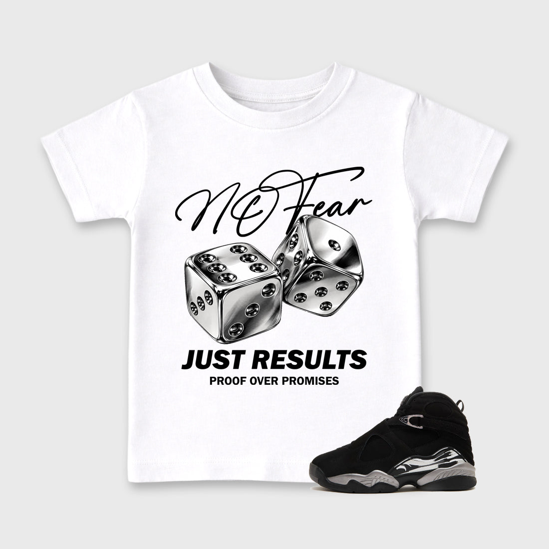 No Fear Baby & Kids Graphic T-Shirt featuring original artwork designed to match the Air Jordan 8 Chrome. White 1 Kids Graphic Tee.