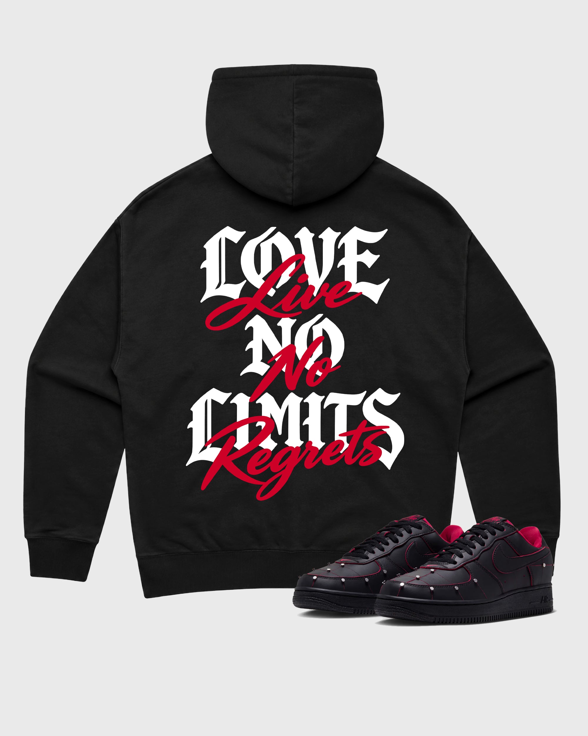 No Limits Black Graphic Hoodie - 1, a sneaker matching hoodie designed to pair with Air Force 1 "Nightmare" Black and Gym Redsneakers for a coordinated sneaker outfit.