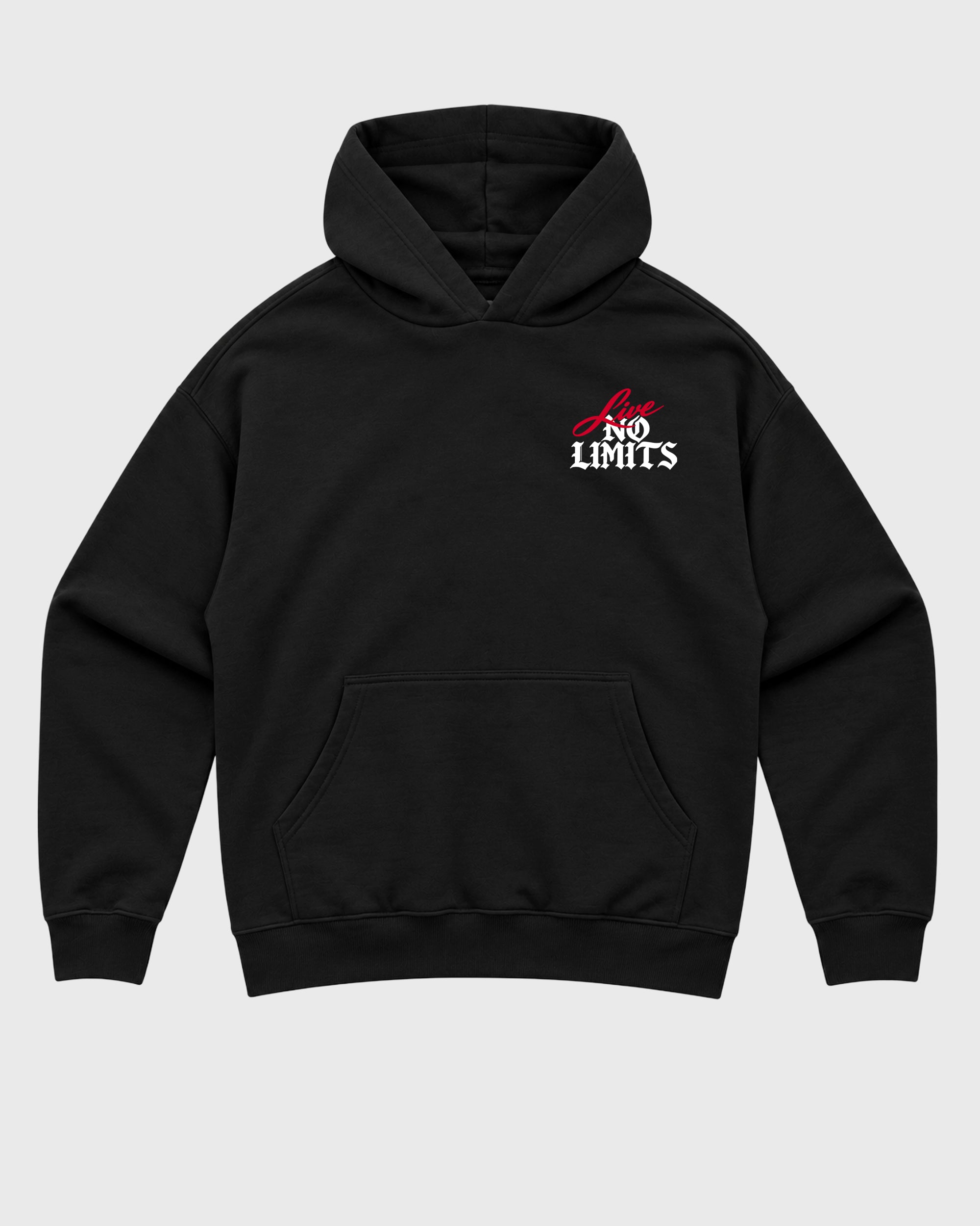 No Limits Black Graphic Hoodie - 3, a graphic sneaker hoodie styled around Air Force 1 "Nightmare" Black and Gym Redsneakers for a relaxed streetwear and sneaker look.
